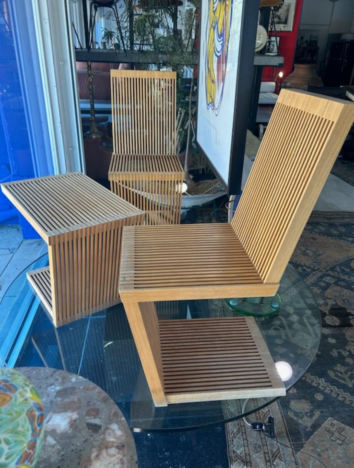 Pair of Chairs and Table by Alwy Visschedyk, 1970's, ash; and signed.

Provenance: 
Property from a Beverly Hills, CA Estate

Dimensions: 
Chairs: 37 x 16 x 23 in. (94 x 40.6 x 58.4 cm.), Seat height: 18 in. (45.7 cm.), Table: 19 x 24 1/2 x 15 in.