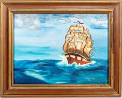 Vintage 1978 ACRYLIC ON CANVAS BOARD PAINTING OF A SHIP SIGNED ALYCE PRINGLE