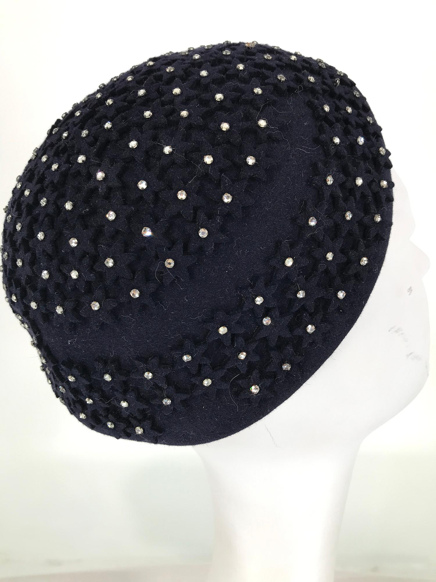 Alyce Reizian 1950s Black Felt & Rhinestone cocktail hat 7