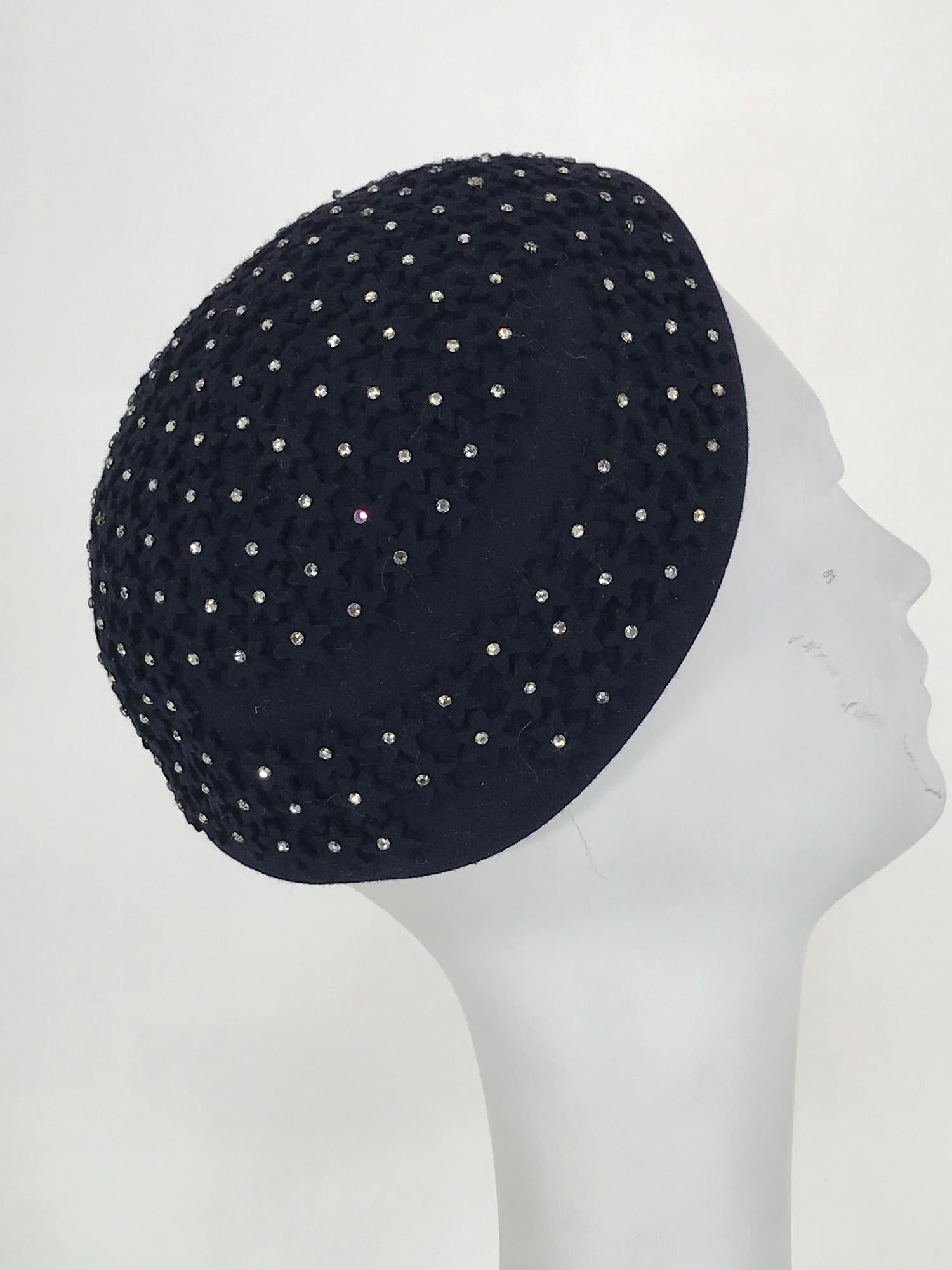 Alyce Reizian 1950s Black Felt & Rhinestone cocktail hat 8