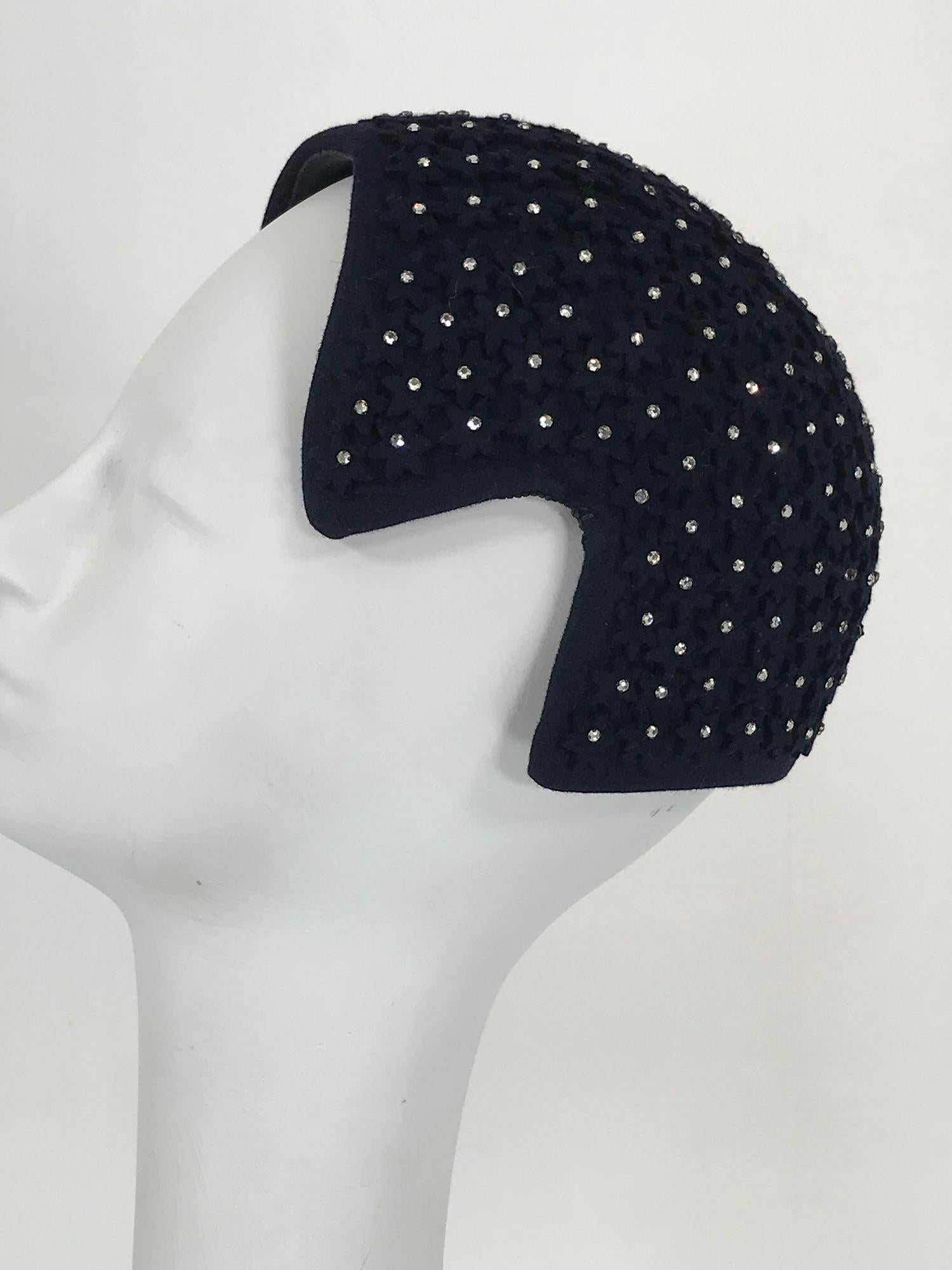 Alyce Reizian 1950s Black Felt & Rhinestone cocktail hat In Good Condition In West Palm Beach, FL