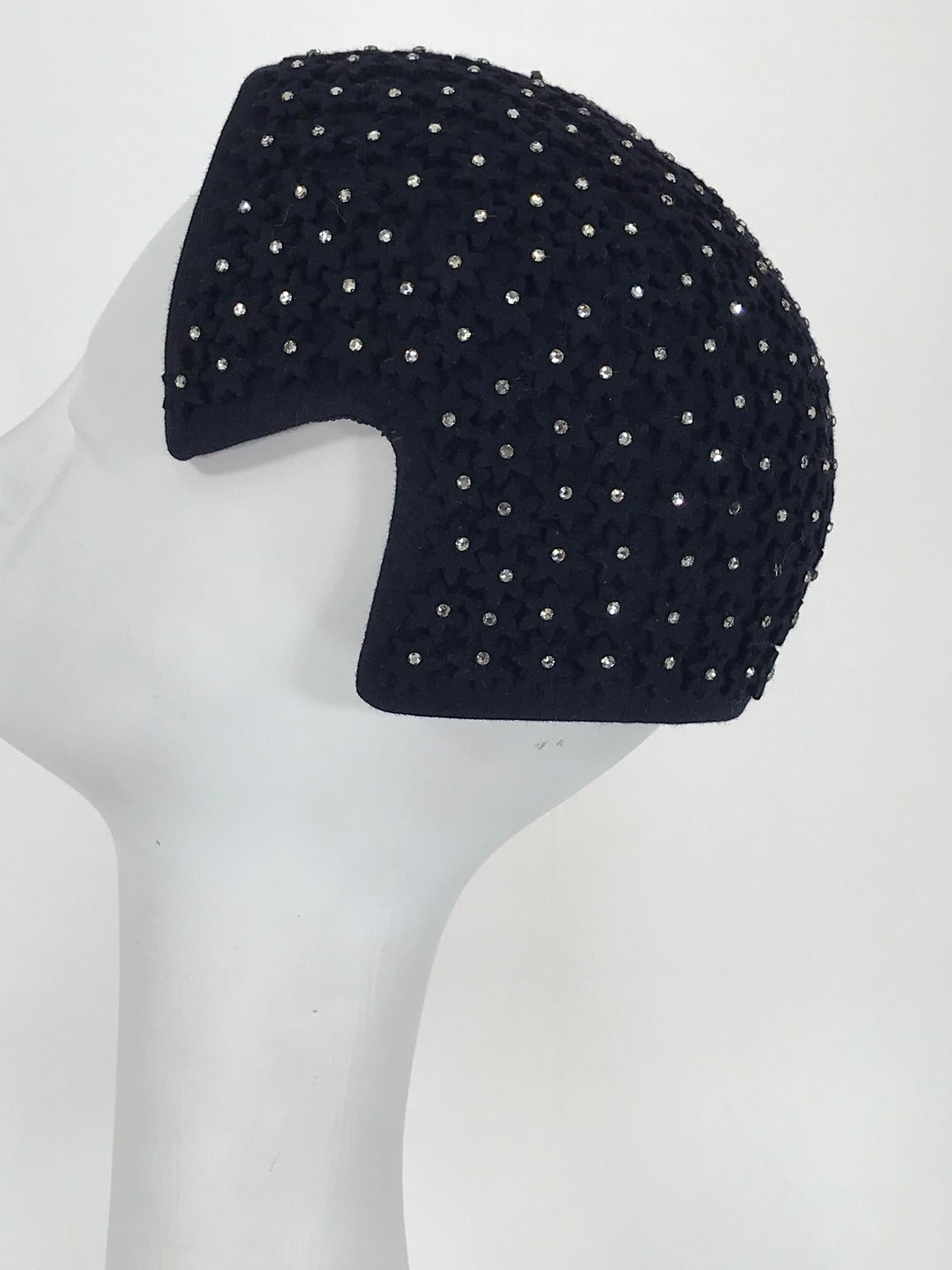Women's Alyce Reizian 1950s Black Felt & Rhinestone cocktail hat