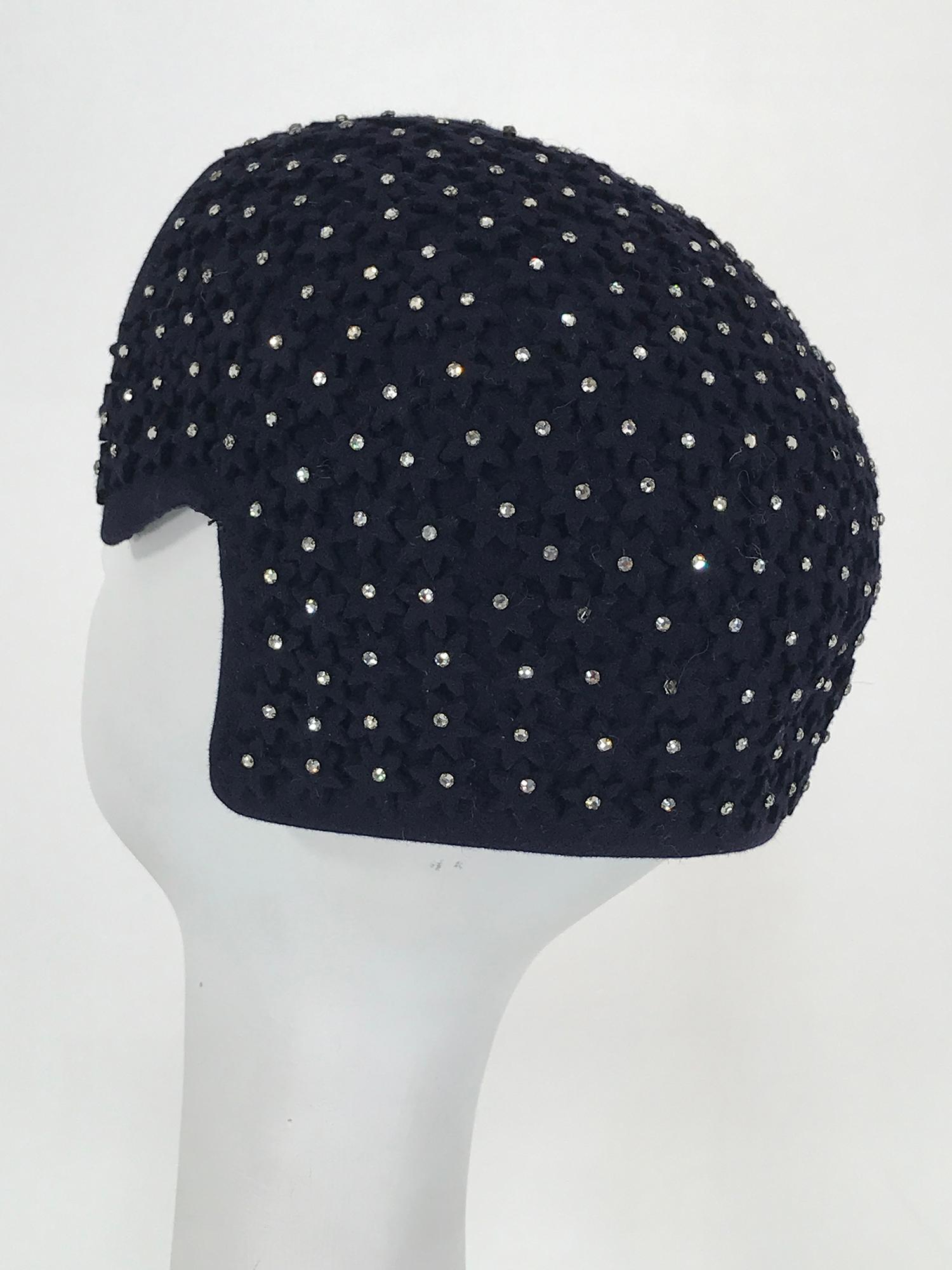 Alyce Reizian 1950s Black Felt & Rhinestone cocktail hat 1