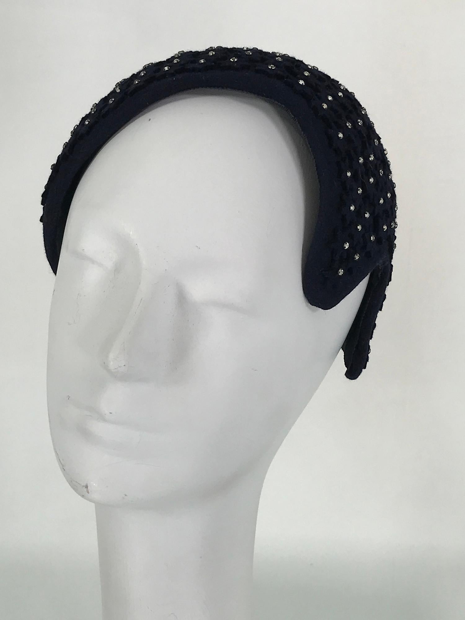 Alyce Reizian 1950s Black Felt & Rhinestone cocktail hat 2
