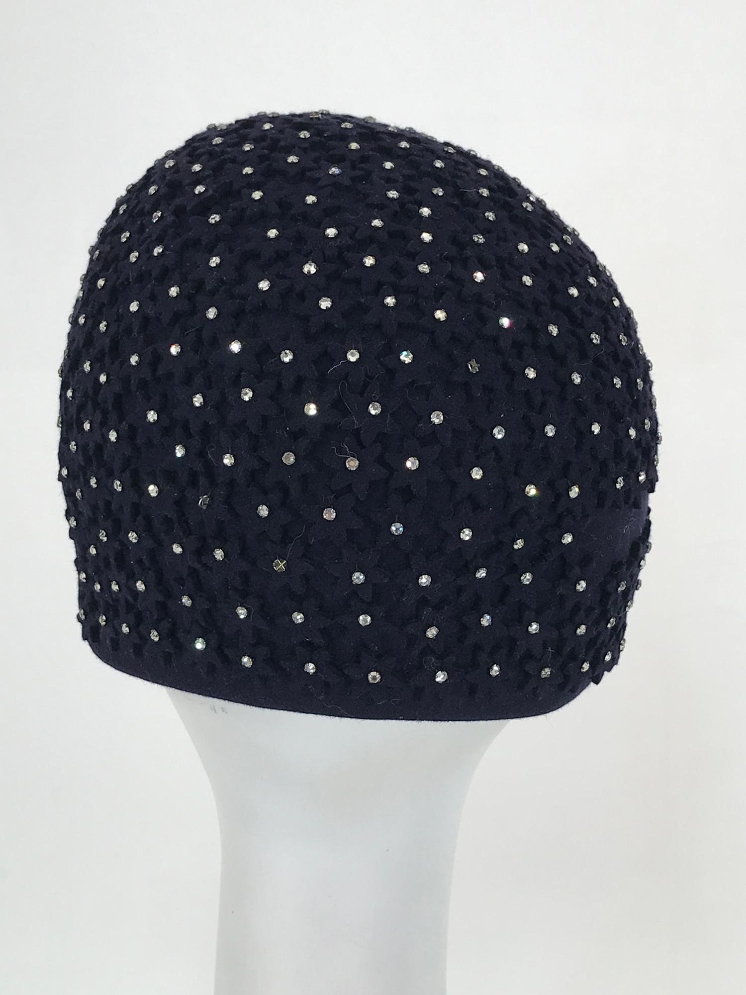 Alyce Reizian 1950s Black Felt & Rhinestone cocktail hat 3