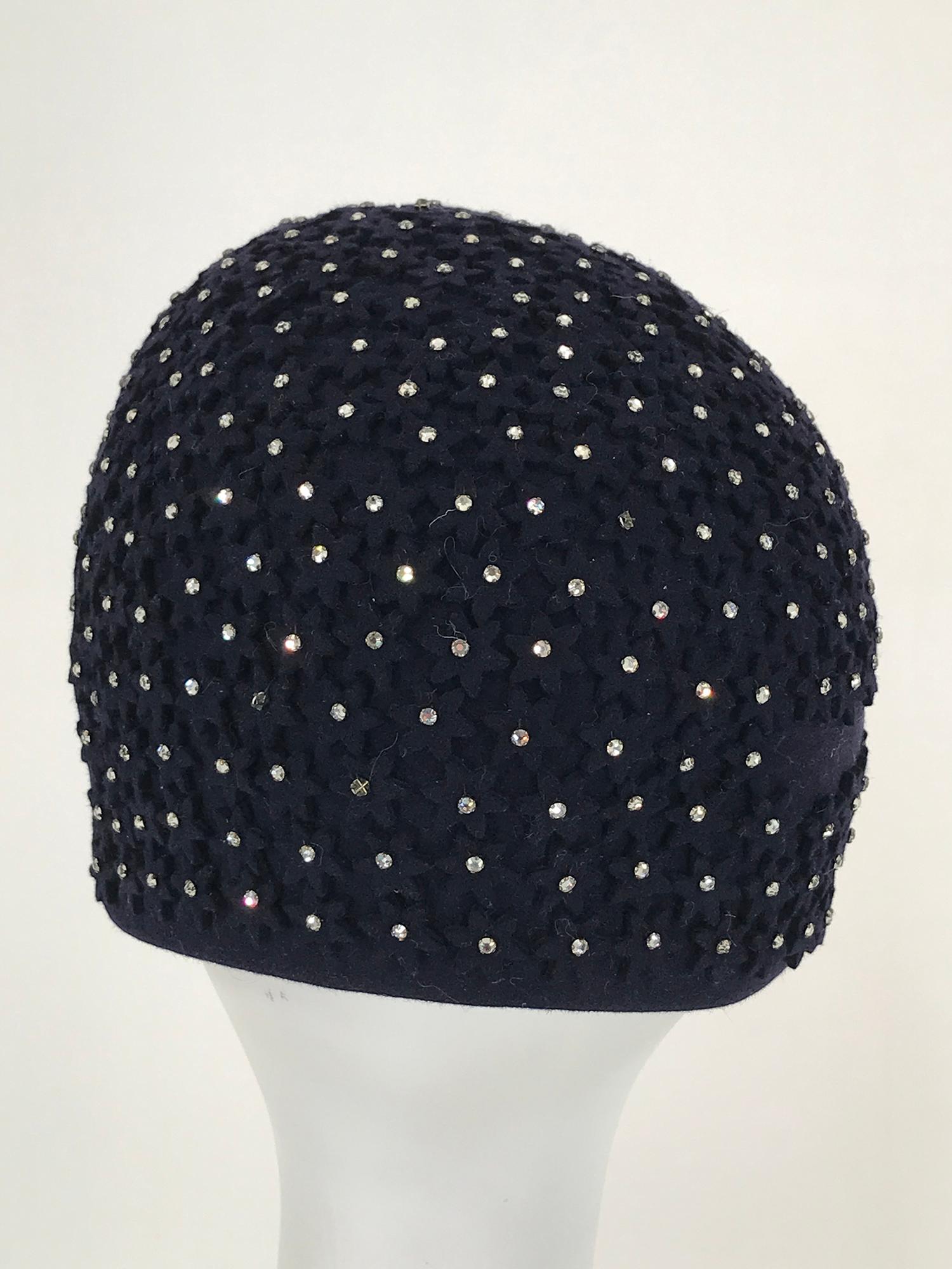 Alyce Reizian 1950s Black Felt & Rhinestone cocktail hat 4