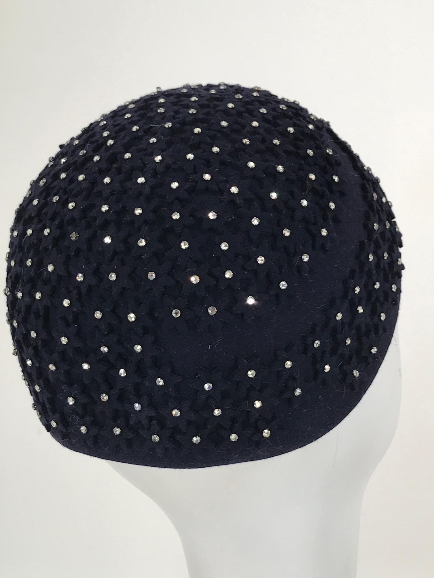 Alyce Reizian 1950s Black Felt & Rhinestone cocktail hat 5