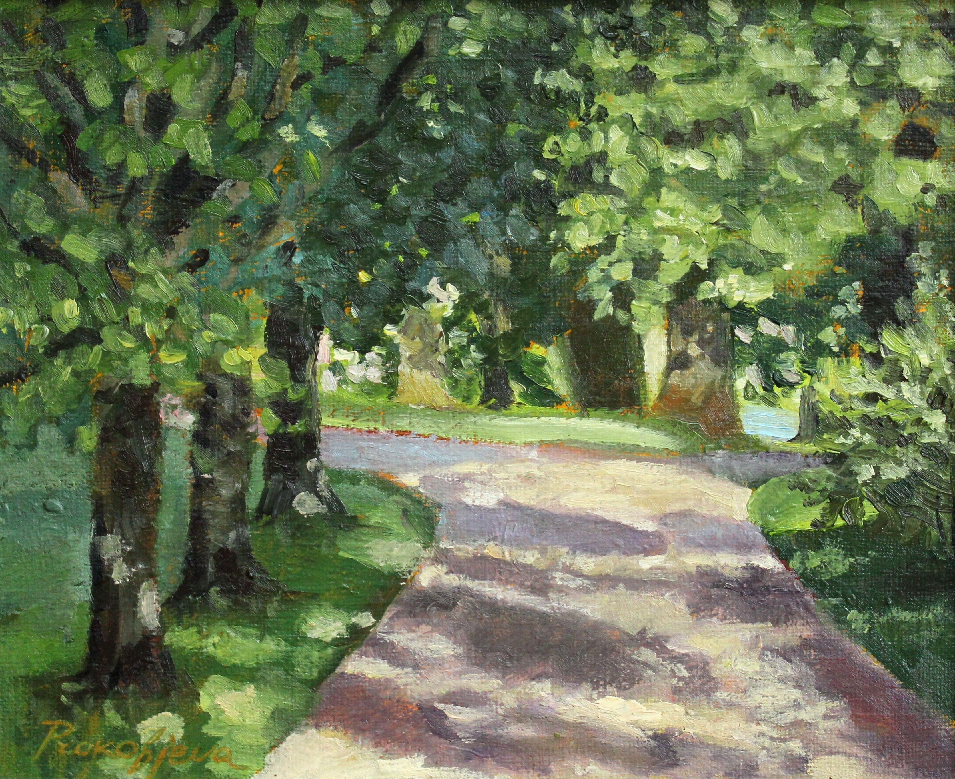 Alley. 2022., canvas, oil, 22. 5 x 27. 5 cm - Painting by Alyona Prokofjeva