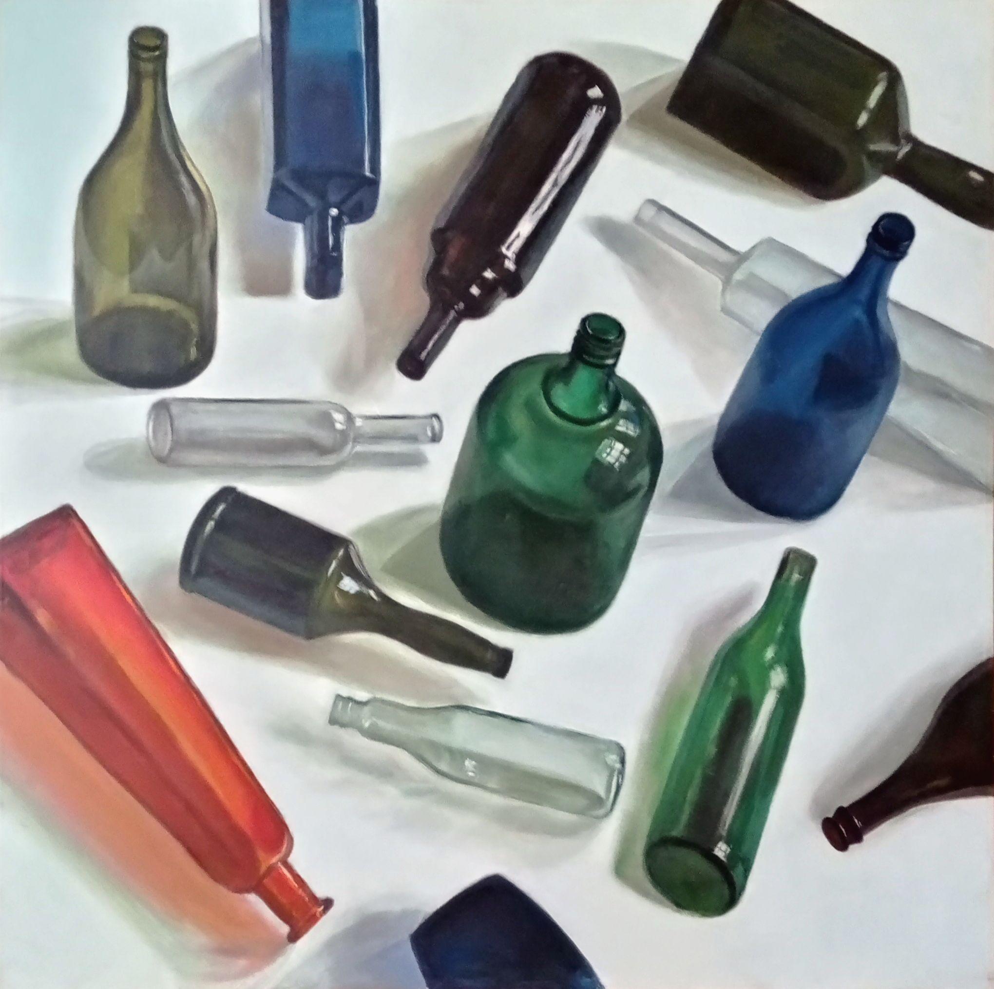 Alyona Prokofjeva Interior Painting - Bottles. 2012, canvas, oil, 120x120 cm