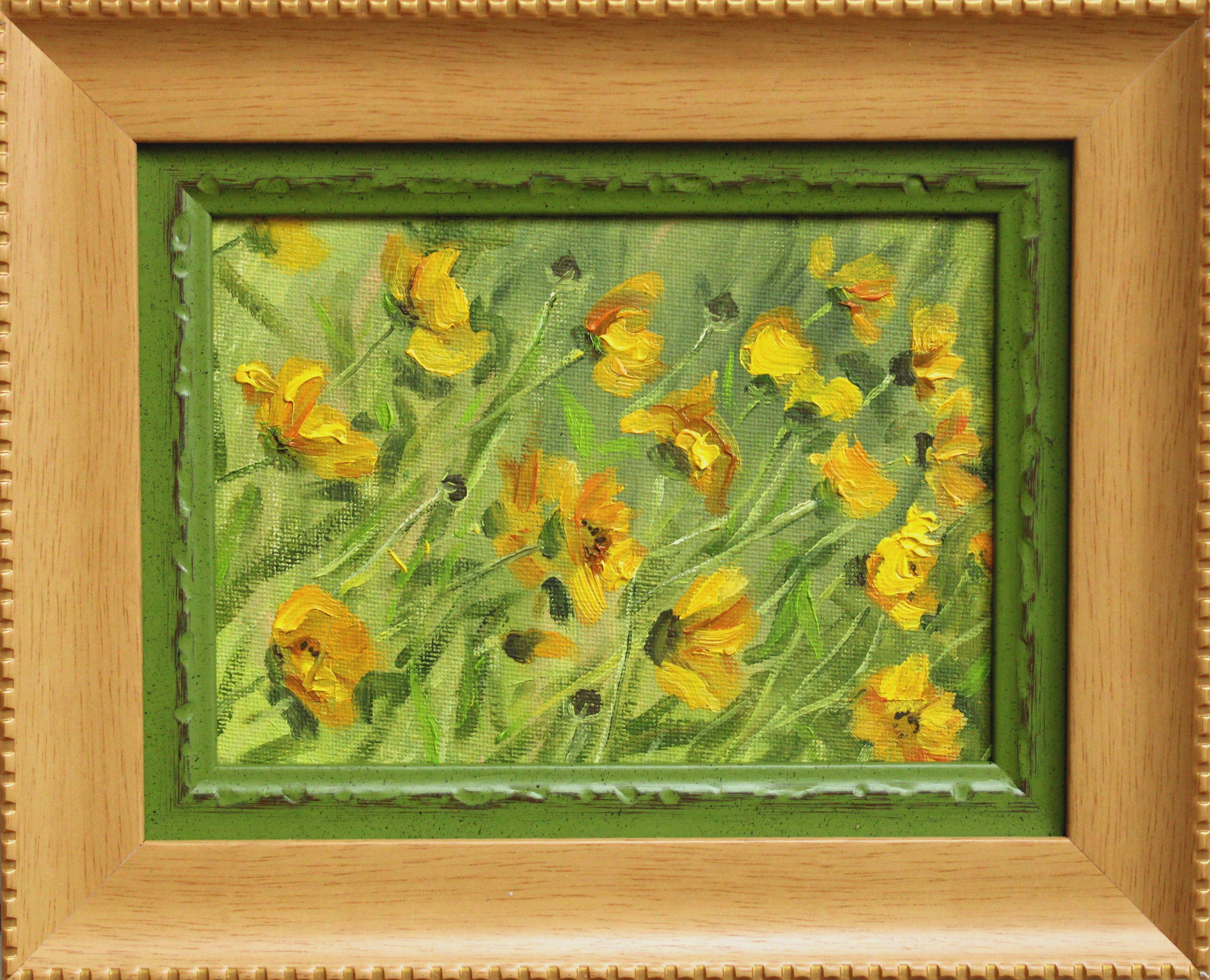 Blumen der Sonne. 2023, Leinwand, Karton, Öl, 13x18 cm – Painting von Alyona Prokofjeva