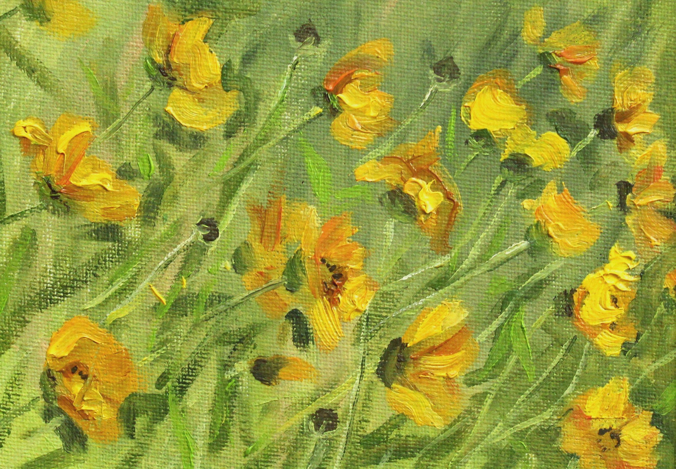 Alyona Prokofjeva Landscape Painting – Blumen der Sonne. 2023, Leinwand, Karton, Öl, 13x18 cm