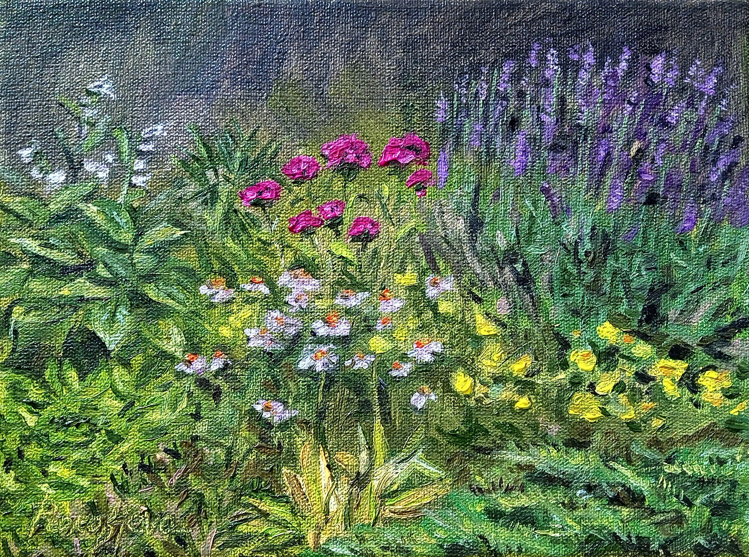 Alyona Prokofjeva Landscape Painting - Summer flowers. 2023. Canvas, oil, 15x20 cm