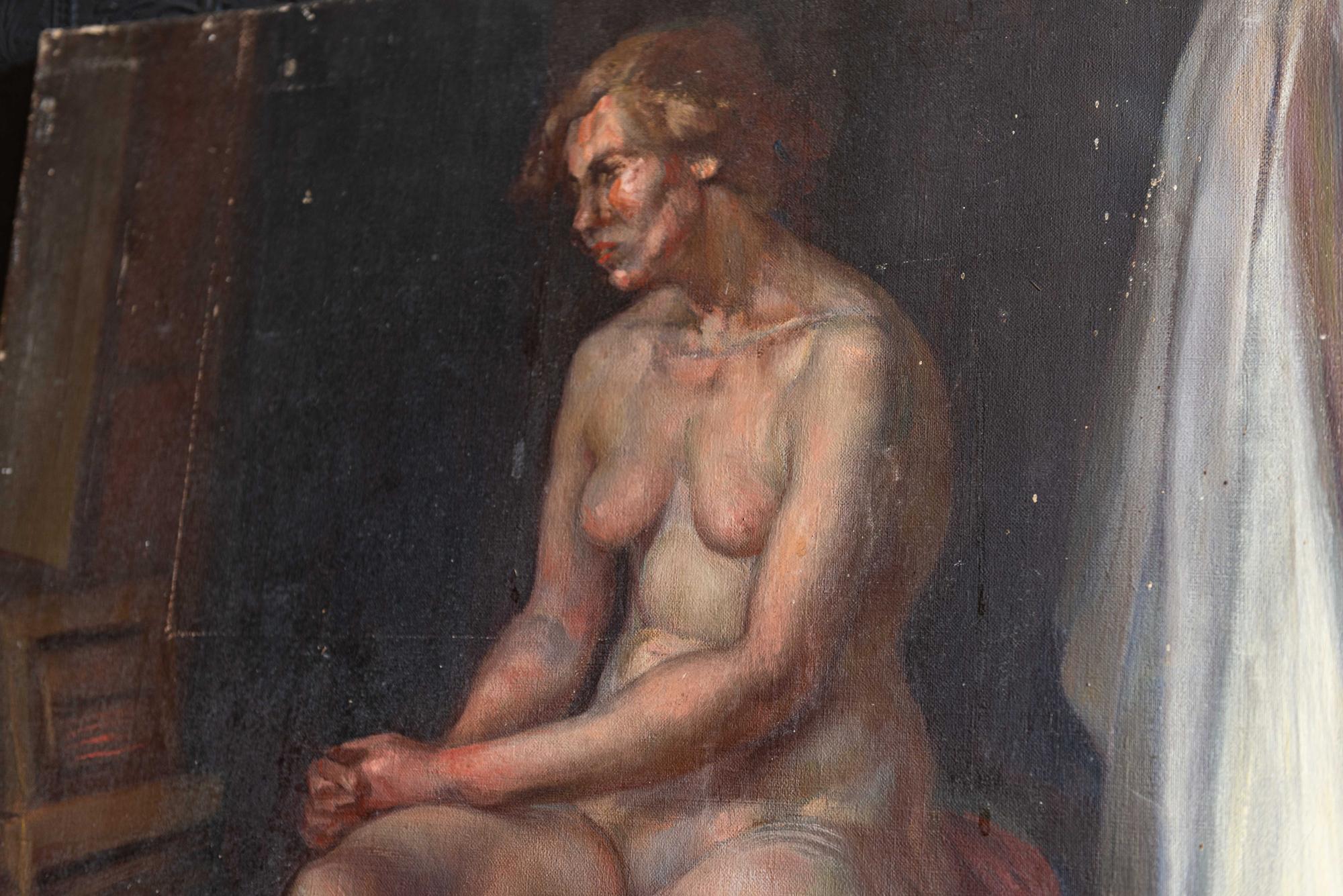 Alys Woodman 'Painting From Life' nude oil painting,
circa 1955.

Attributed to Alys Woodman 'Painting From Life' nude oil on canvas

Alys Louise Woodman (1897-1987) was a student of the Malvern school of arts and exhibited under the Royal