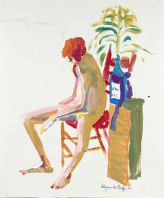 Vibrant Bay Area Figurative Seated Nude 1950-60s Distemper Painting