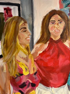 3 filles à une foire d'art, peinture à l'huile figurative colorée de 3 femmes.