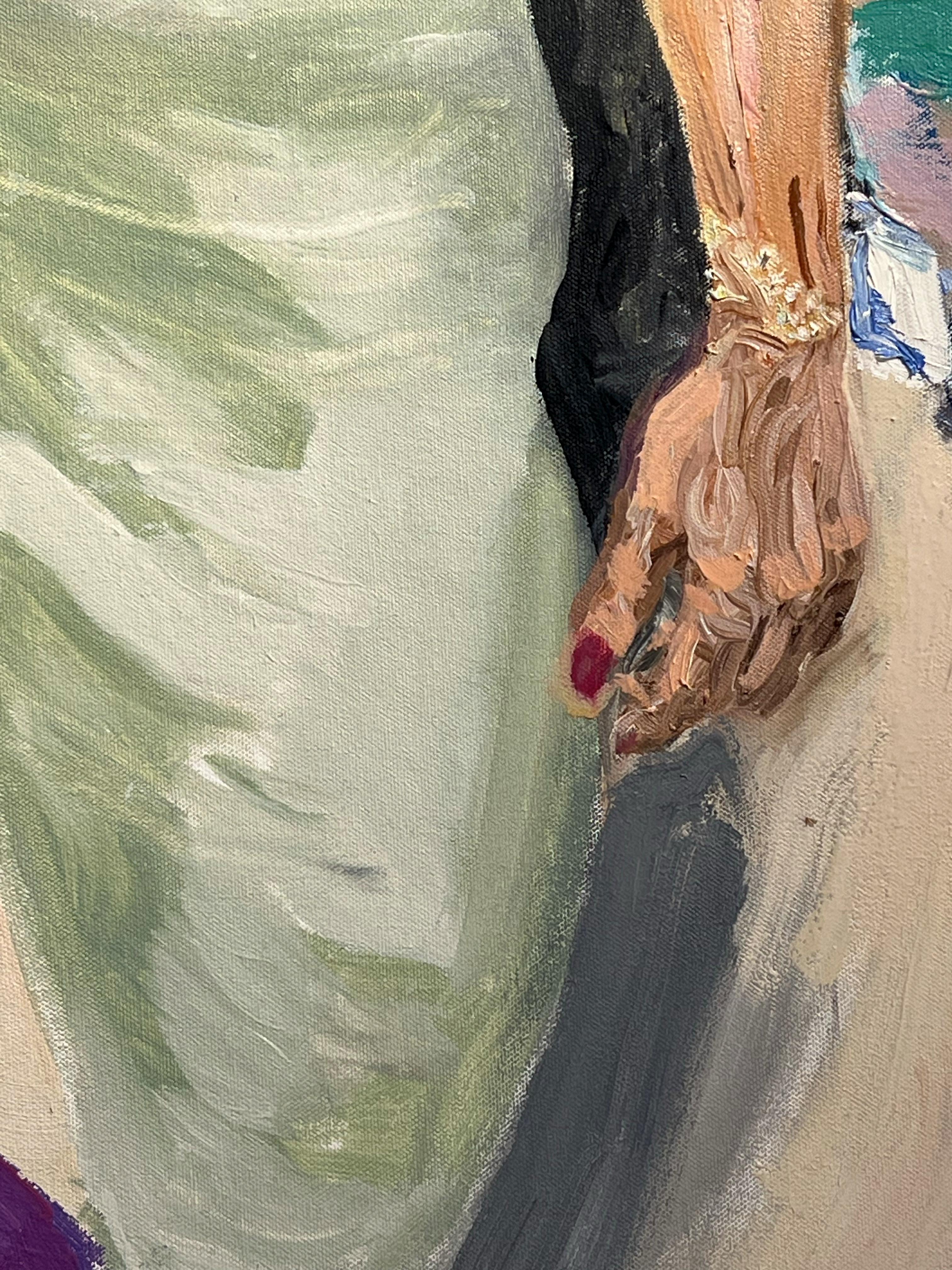 3 ragazze a una fiera d'arte, dipinto a olio figurativo colorato di tre donne. - Abstract Painting Beige di Alysha Grace Marko