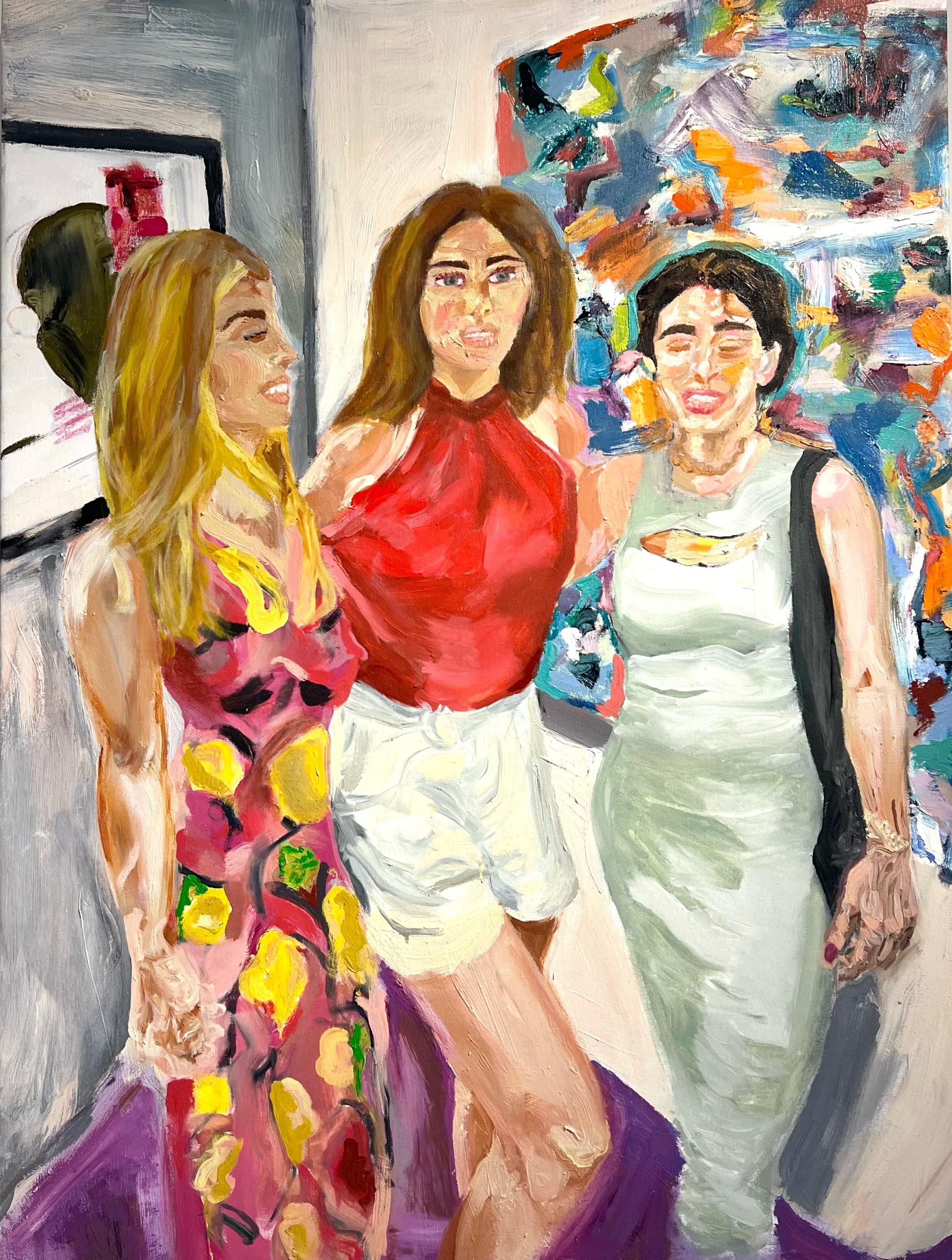 Abstract Painting di Alysha Grace Marko - 3 ragazze a una fiera d'arte, dipinto a olio figurativo colorato di tre donne.