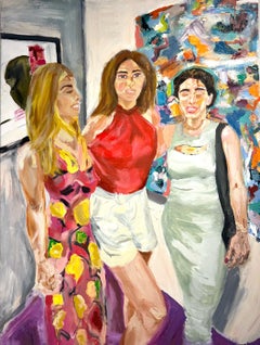 3 filles à une foire d'art, peinture à l'huile figurative colorée de 3 femmes. 
