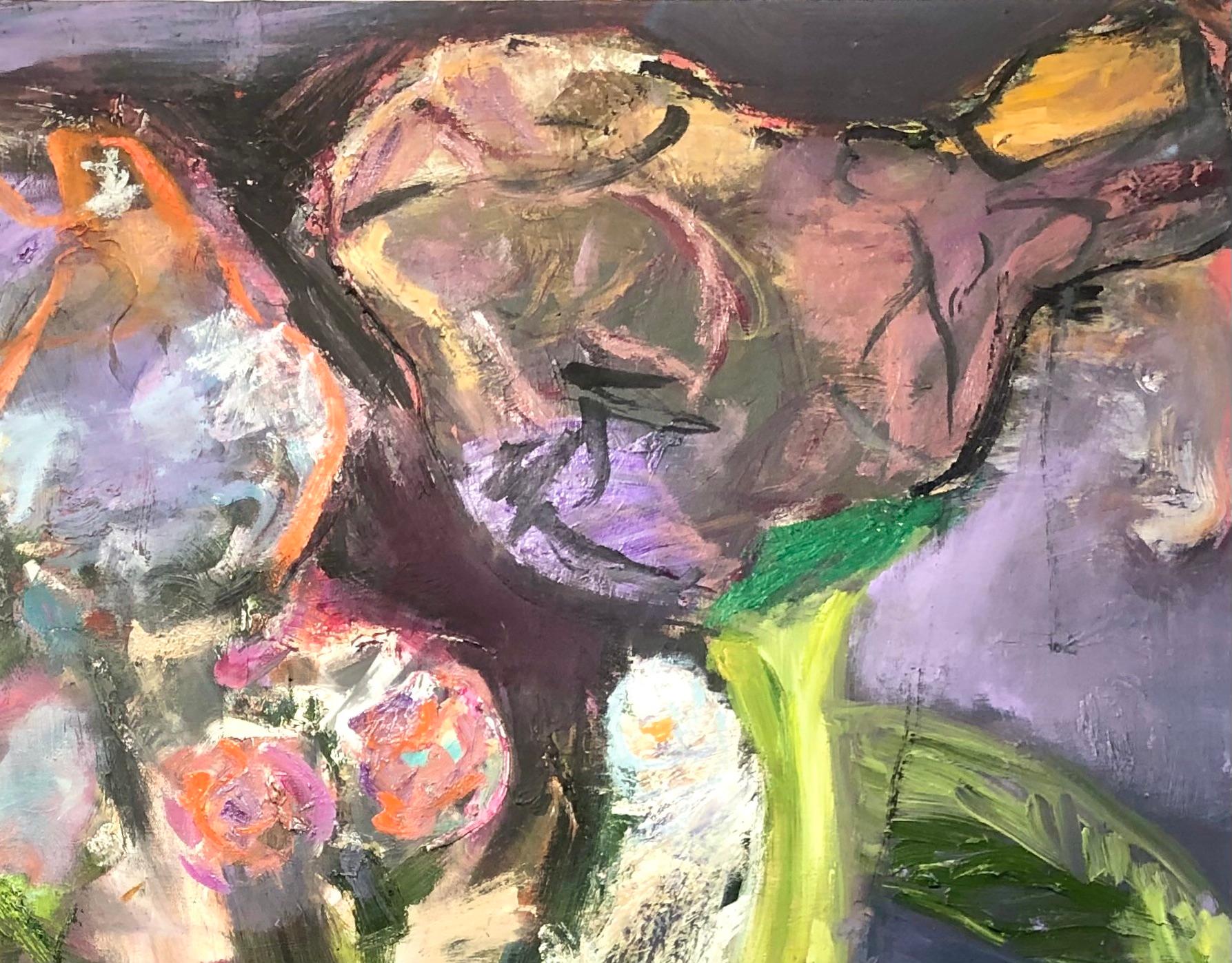 Pittura astratta scura con fiori e figure; fiori selvatici, 2024 - Painting Astratto di Alysha Grace Marko
