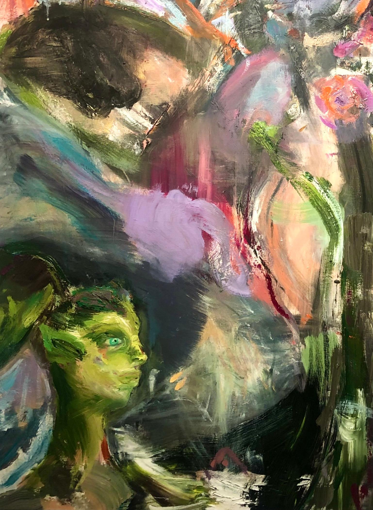 Pittura astratta scura con fiori e figure; fiori selvatici, 2024 in vendita 1