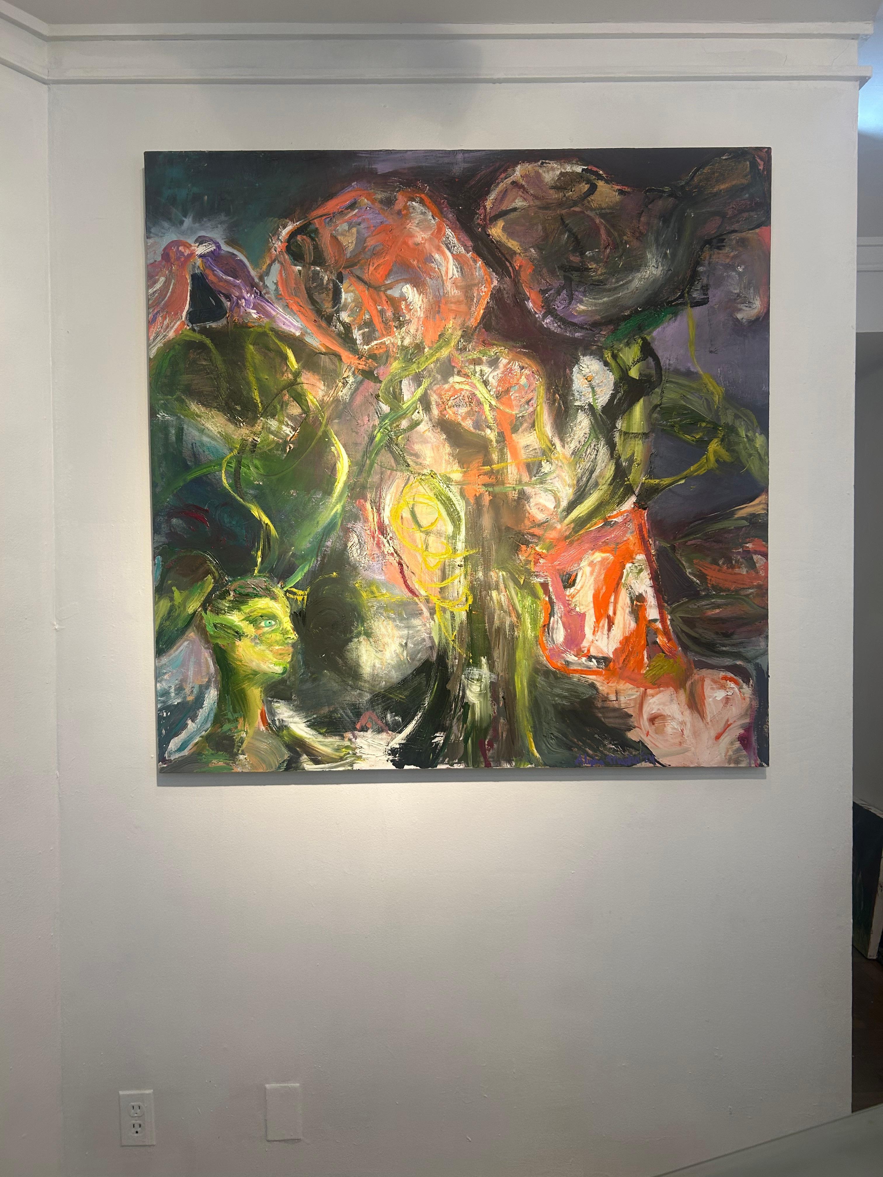 Pittura astratta scura con fiori e figure; fiori selvatici, 2024 in vendita 2