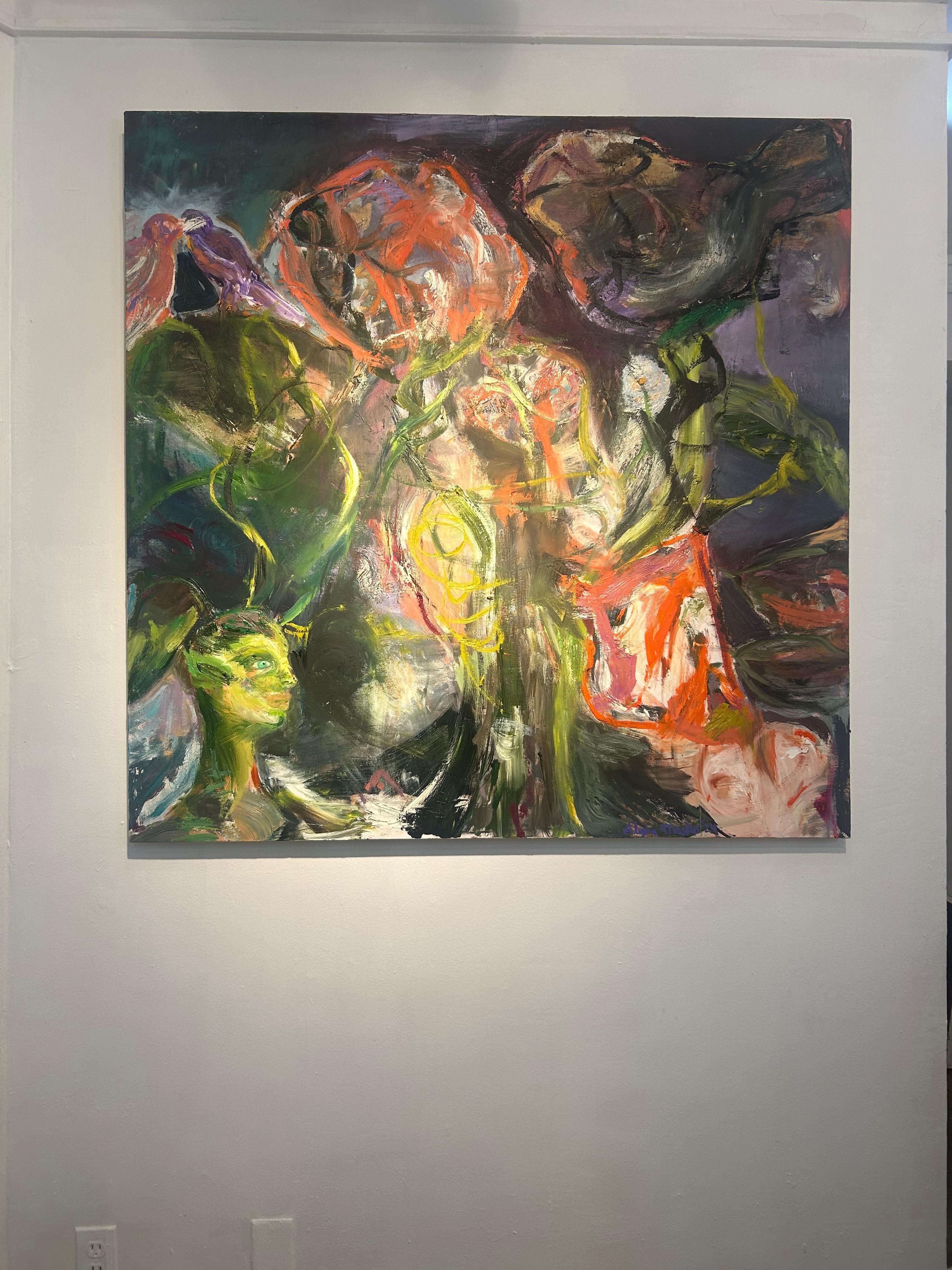 Pittura astratta scura con fiori e figure; fiori selvatici, 2024 in vendita 3