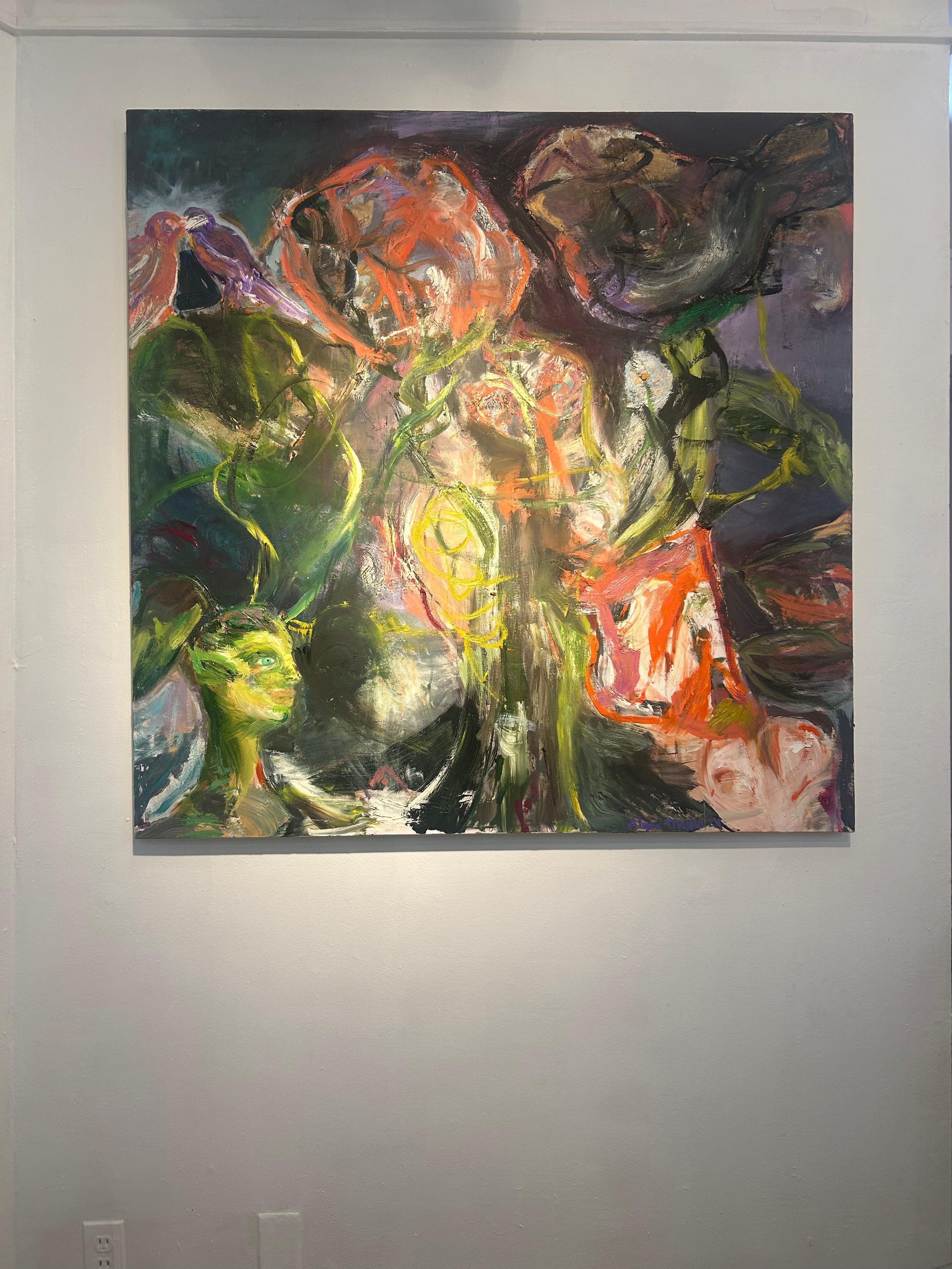 Pittura astratta scura con fiori e figure; fiori selvatici, 2024 in vendita 4