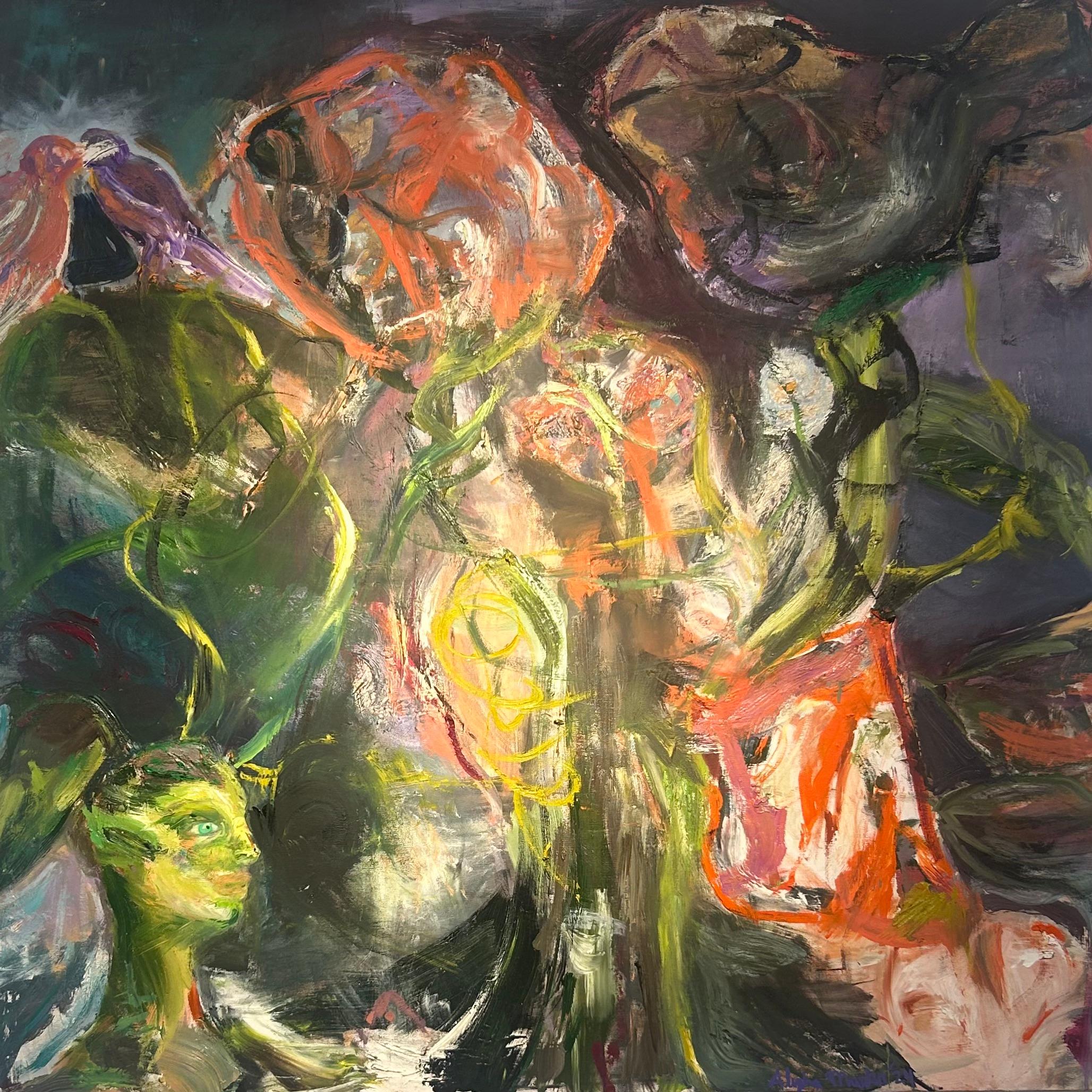 Figurative Painting di Alysha Grace Marko - Pittura astratta scura con fiori e figure; fiori selvatici, 2024