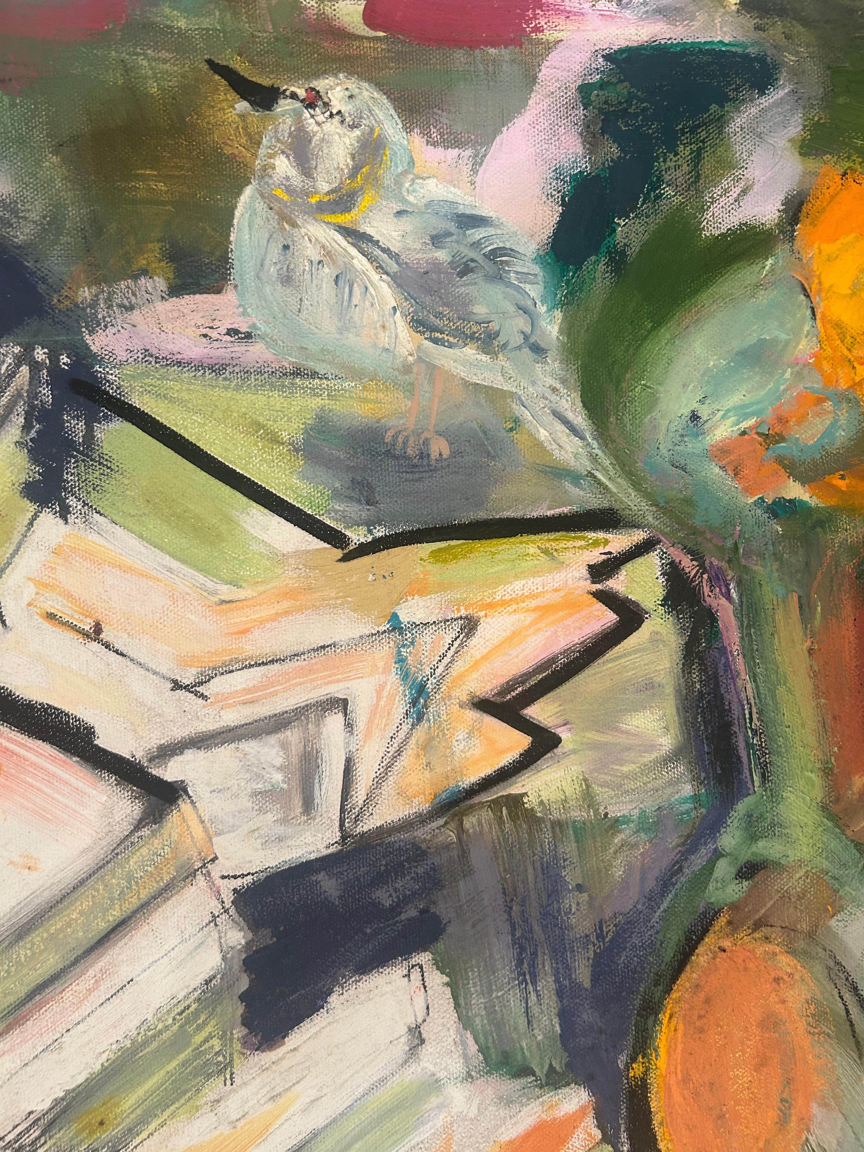 Buntes geometrisches Contemporary Abstract Cubist Ölgemälde: Treppe (Grau), Abstract Painting, von Alysha Grace Marko