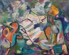 Colorful Geometric Contemporary Abstract Cubist Oil Painting: Stairway