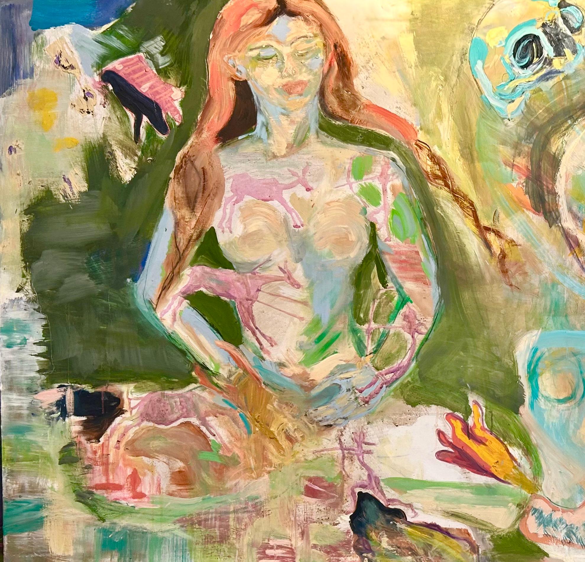 Pintura larga abstracta y figurativa neutra sobre lienzo: Guerra Interior, 2024 - Painting de Alysha Grace Marko