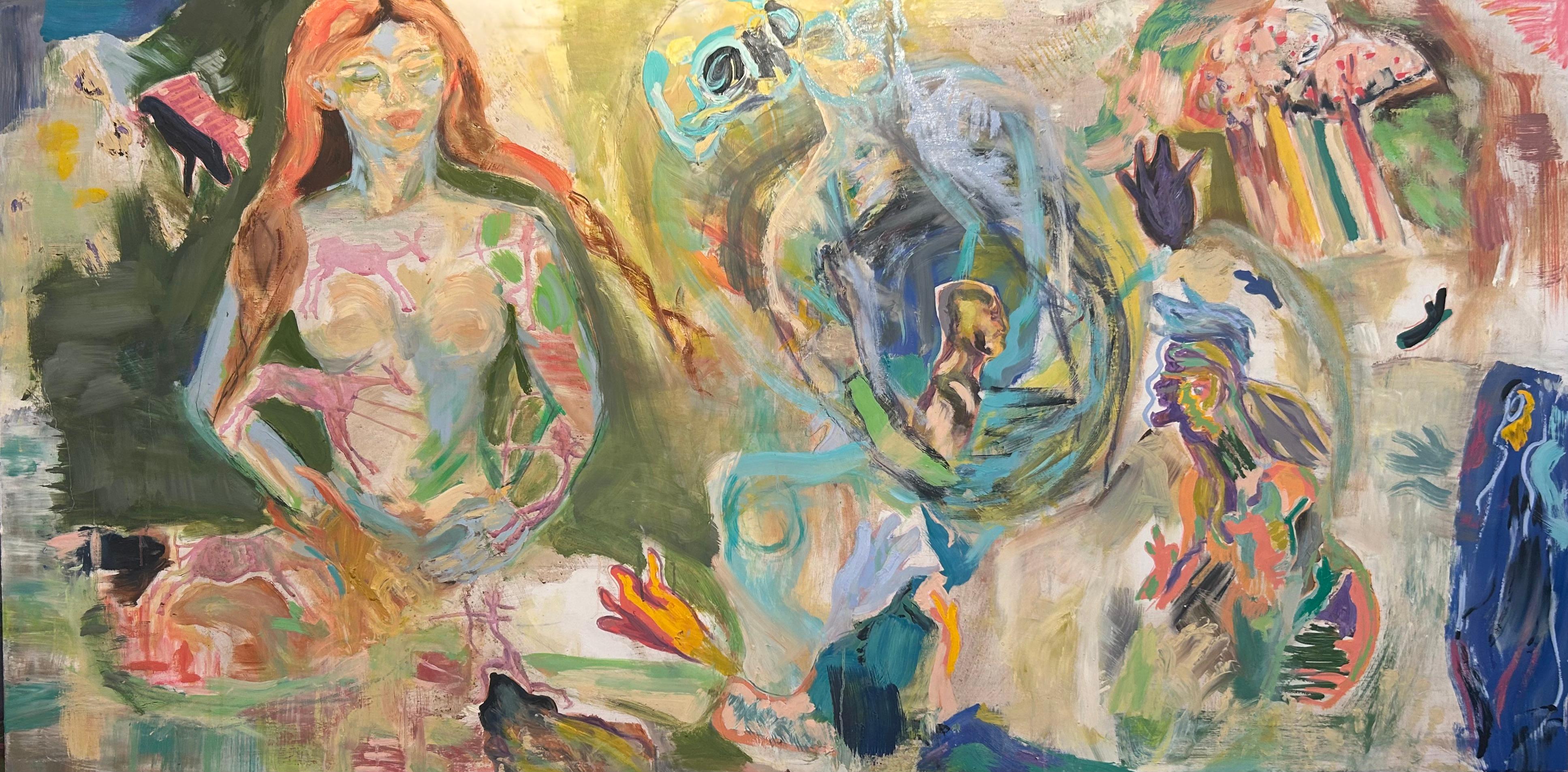 Pintura larga abstracta y figurativa neutra sobre lienzo: Guerra Interior, 2024 - Painting Abstracto de Alysha Grace Marko