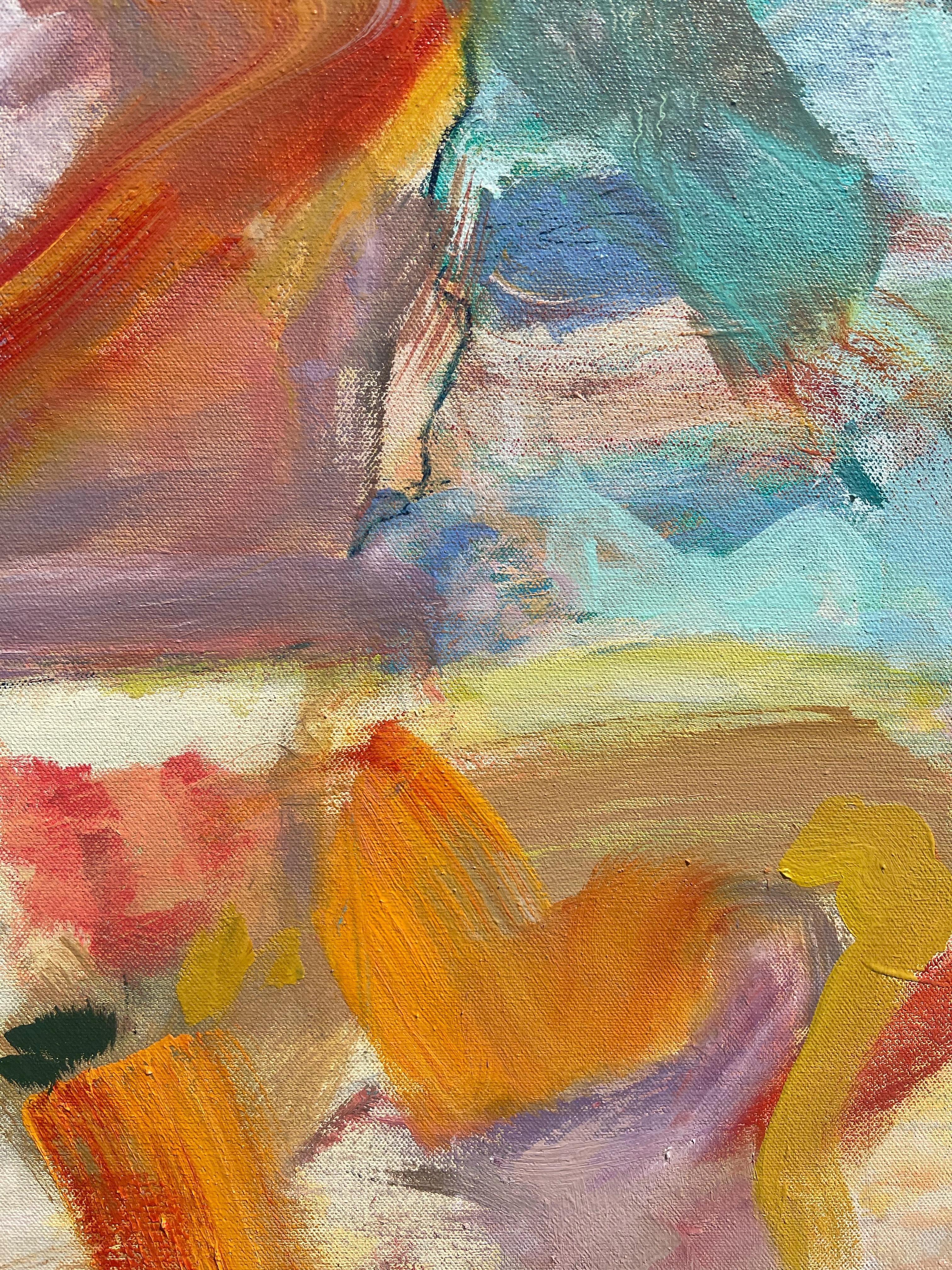 Spiaggia: Pittura astratta contemporanea con colori pastello tenui, paesaggio ad olio - Painting di Alysha Grace Marko