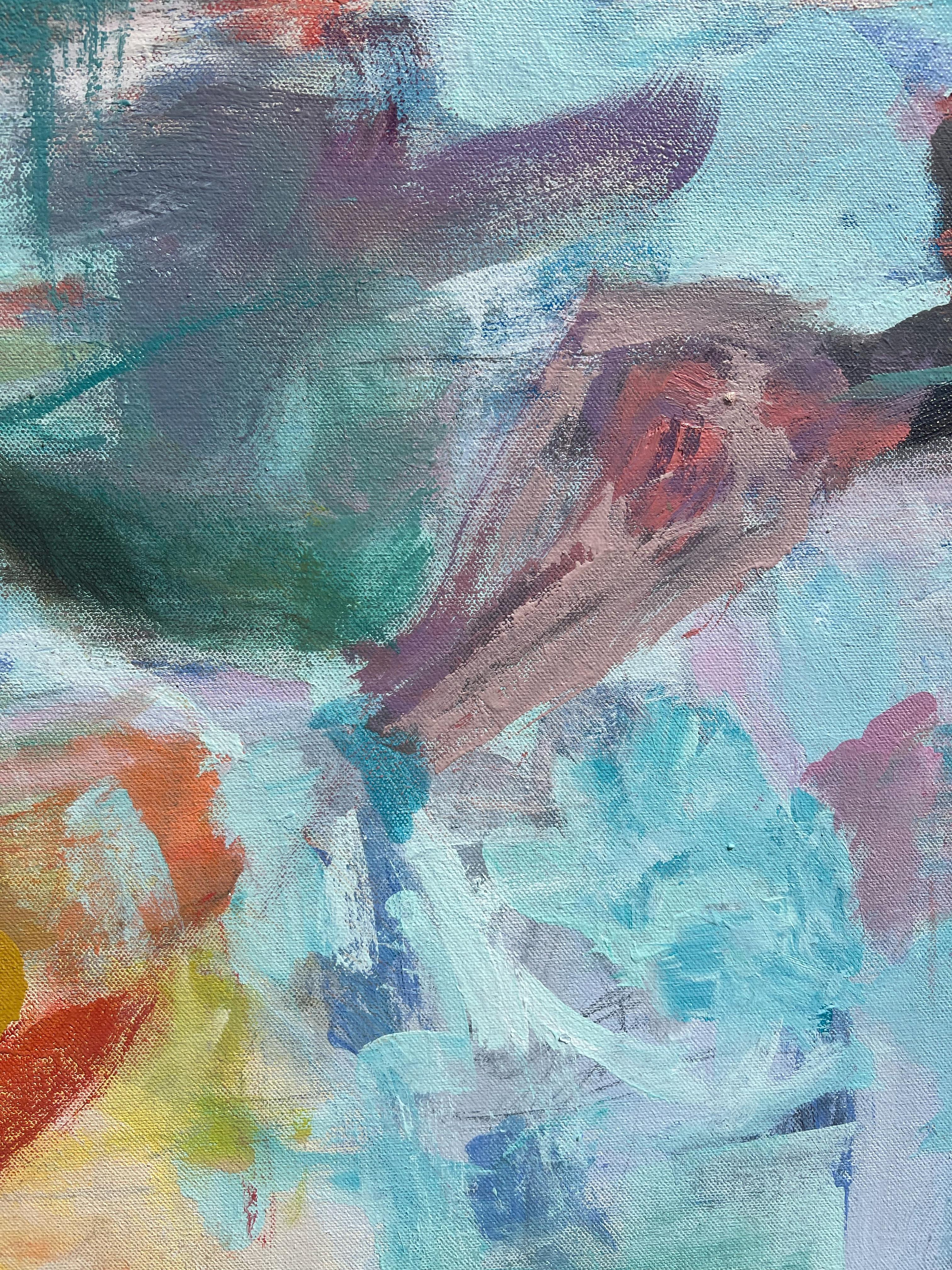 Spiaggia: Pittura astratta contemporanea con colori pastello tenui, paesaggio ad olio - Painting Astratto di Alysha Grace Marko