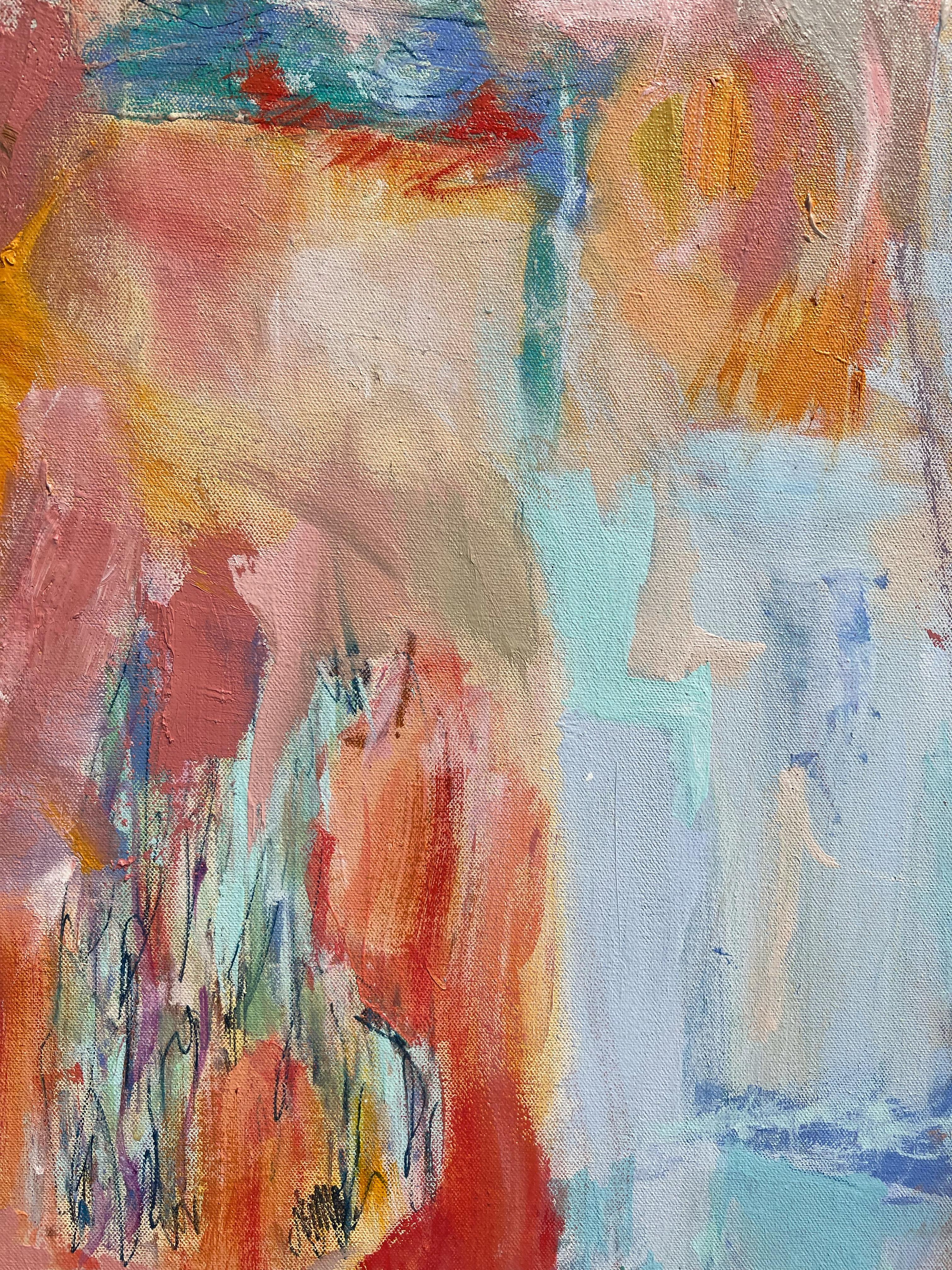 Spiaggia: Pittura astratta contemporanea con colori pastello tenui, paesaggio ad olio - Abstract Painting Rosso di Alysha Grace Marko