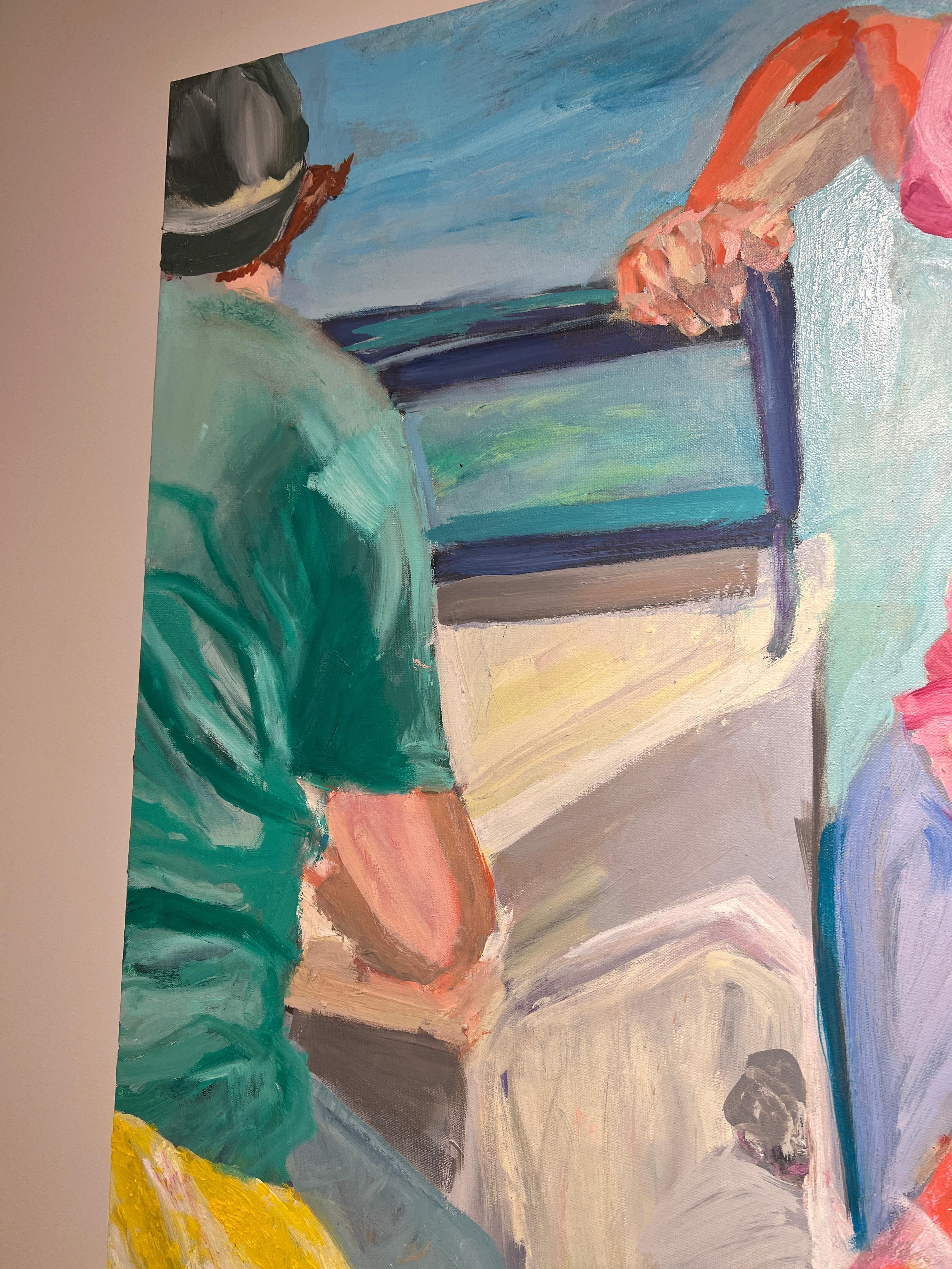 Paseo en barco: Pintura al óleo figurativa contemporánea brillante en venta 1