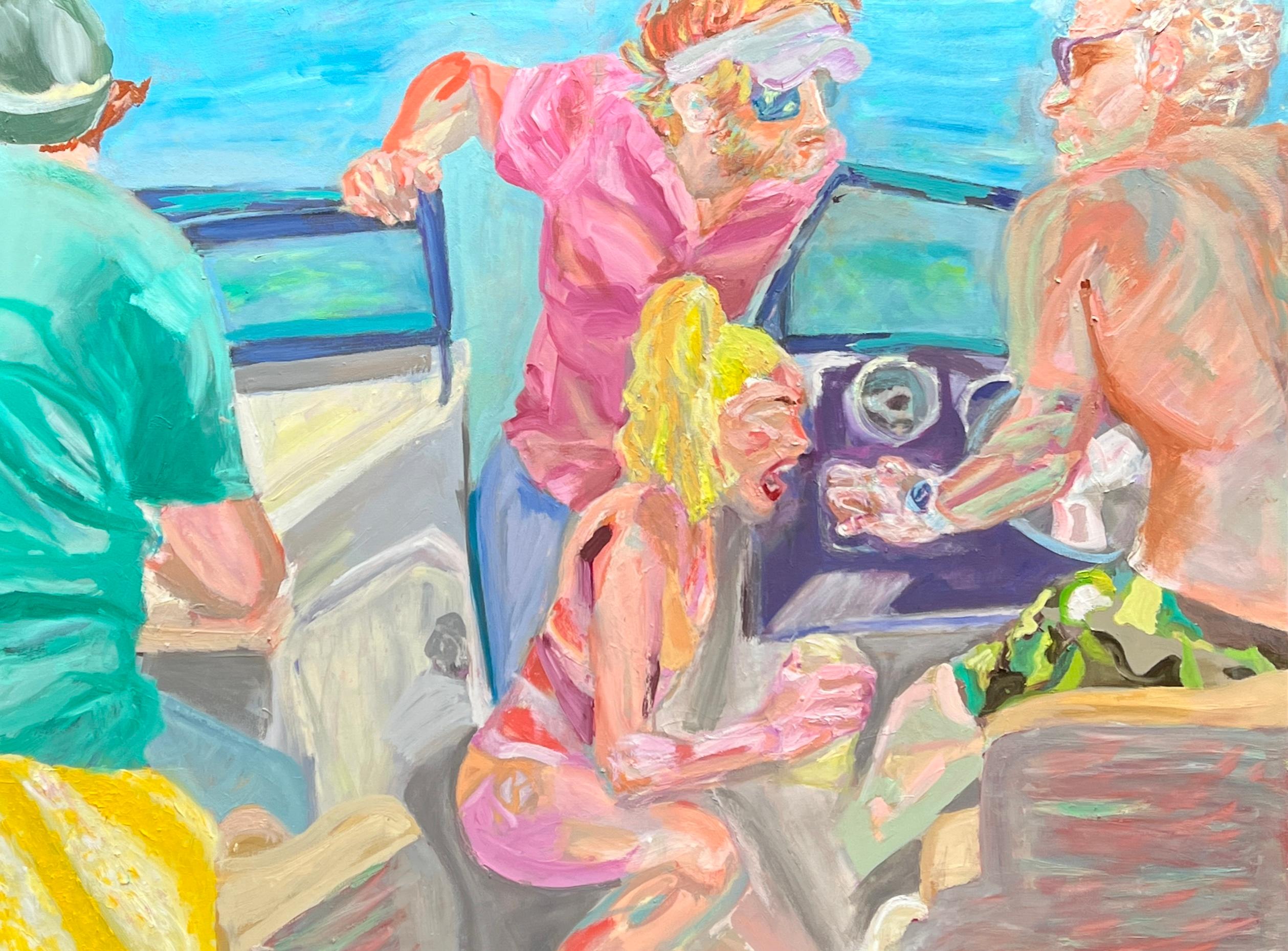 Alysha Marko Figurative Painting - Boat Ride: Bright Contemporary Figurative Oil Painting