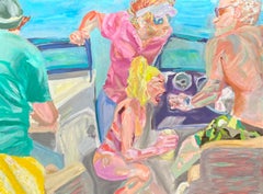 Promenade en bateau : peinture à l'huile figurative contemporaine lumineuse