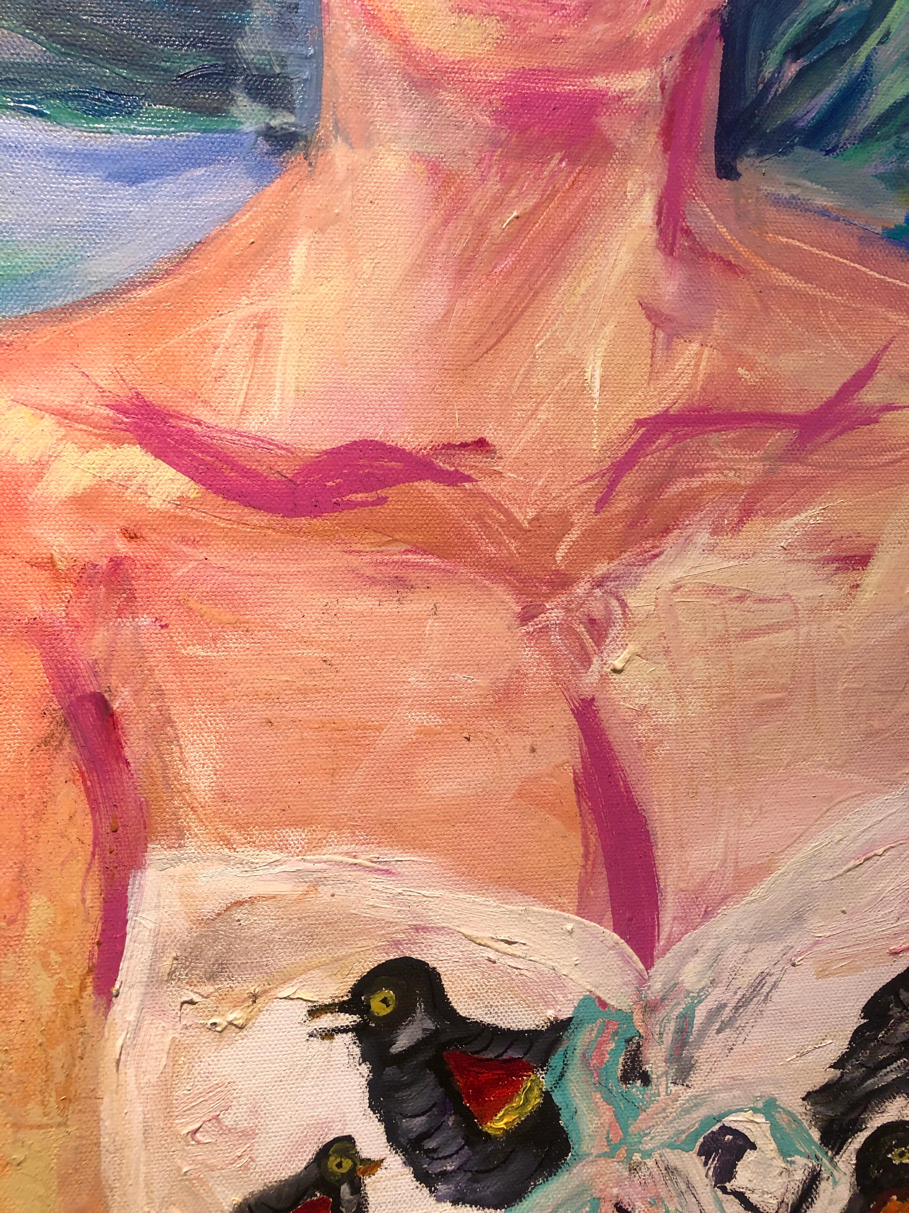 Merlo. Ritratto contemporaneo di una donna. Colorato espressionista figurativo in vendita 2