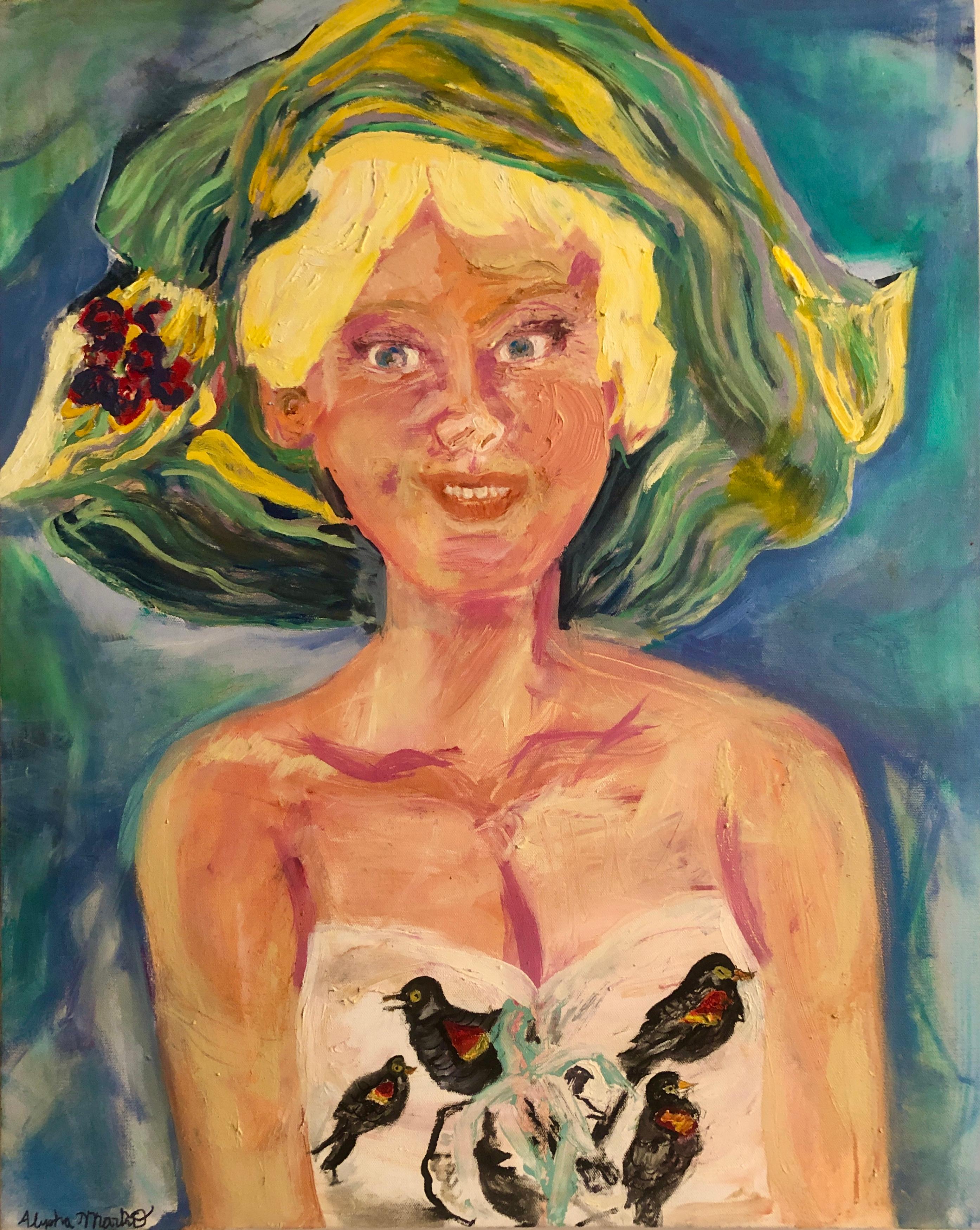 Merlo. Ritratto contemporaneo di una donna. Colorato espressionista figurativo - Painting di Alysha Grace Marko