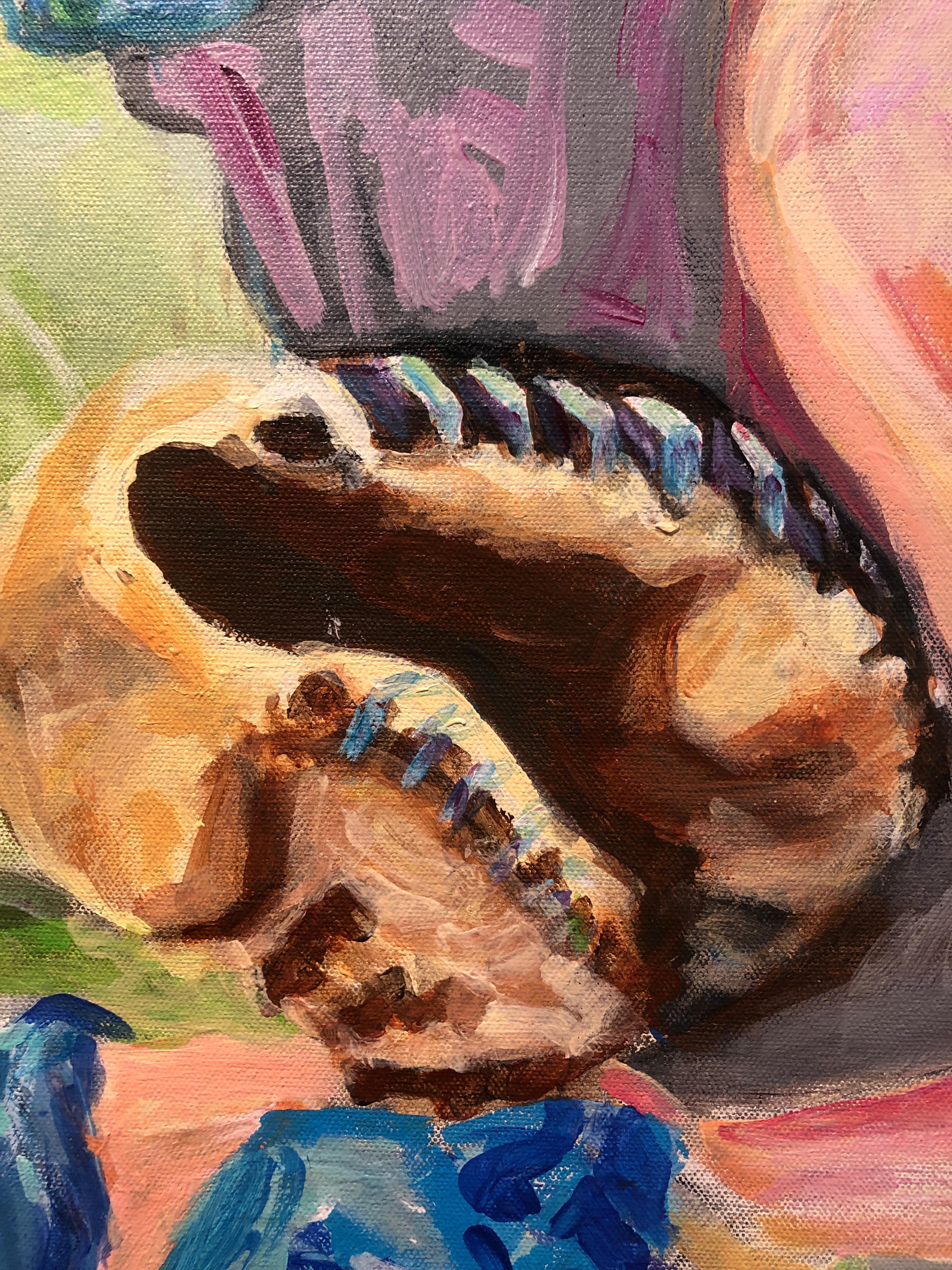 Catcher. pintura al óleo figurativa colorido retrato mujer deportes jugador de softball - Painting de Alysha Grace Marko