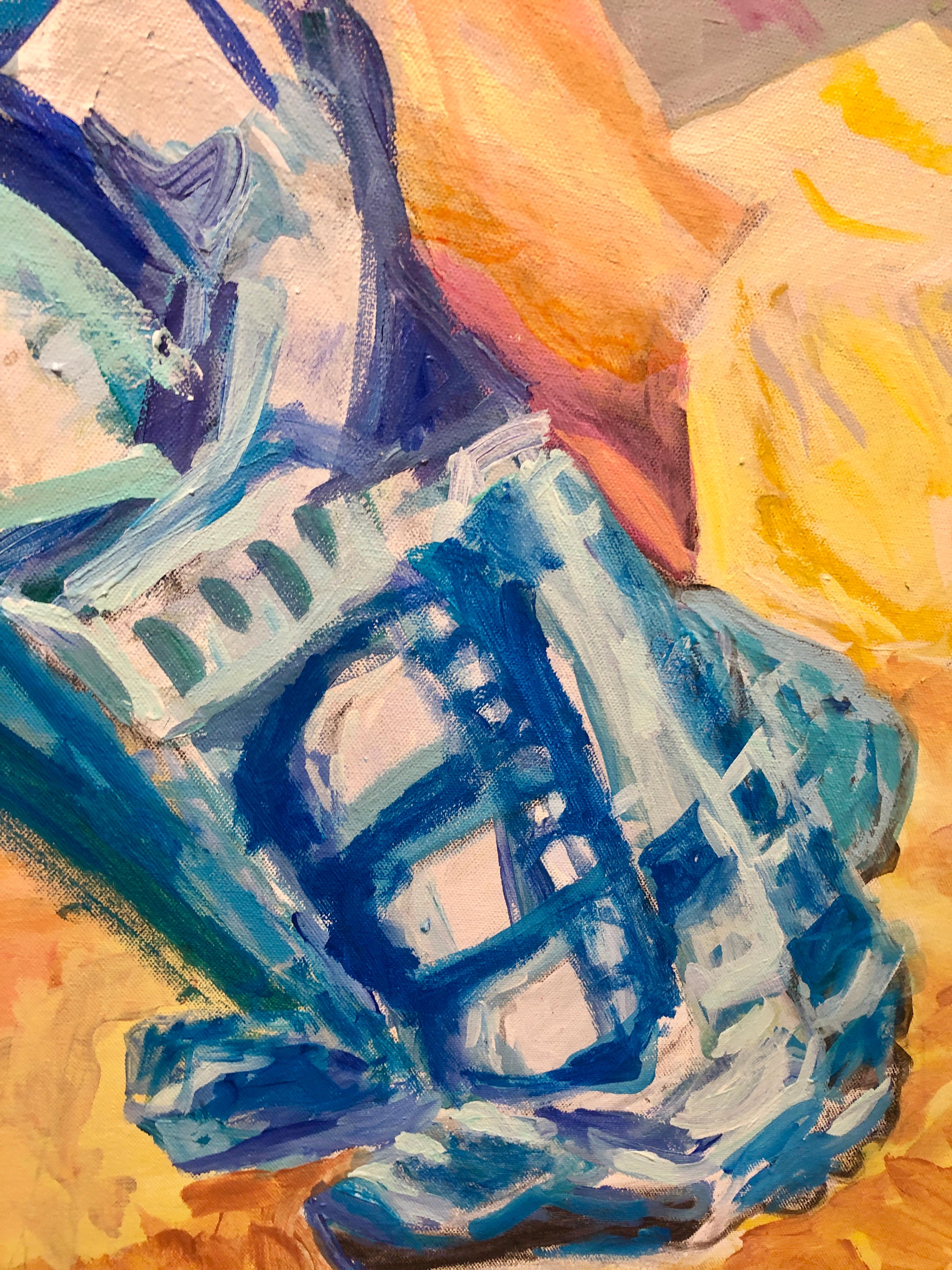 Este retrato figurativo contemporáneo al óleo de una receptora jugando al softball forma parte de la serie Atleta, que representa y celebra la fuerza y la belleza de las mujeres deportistas. La expresión del 
