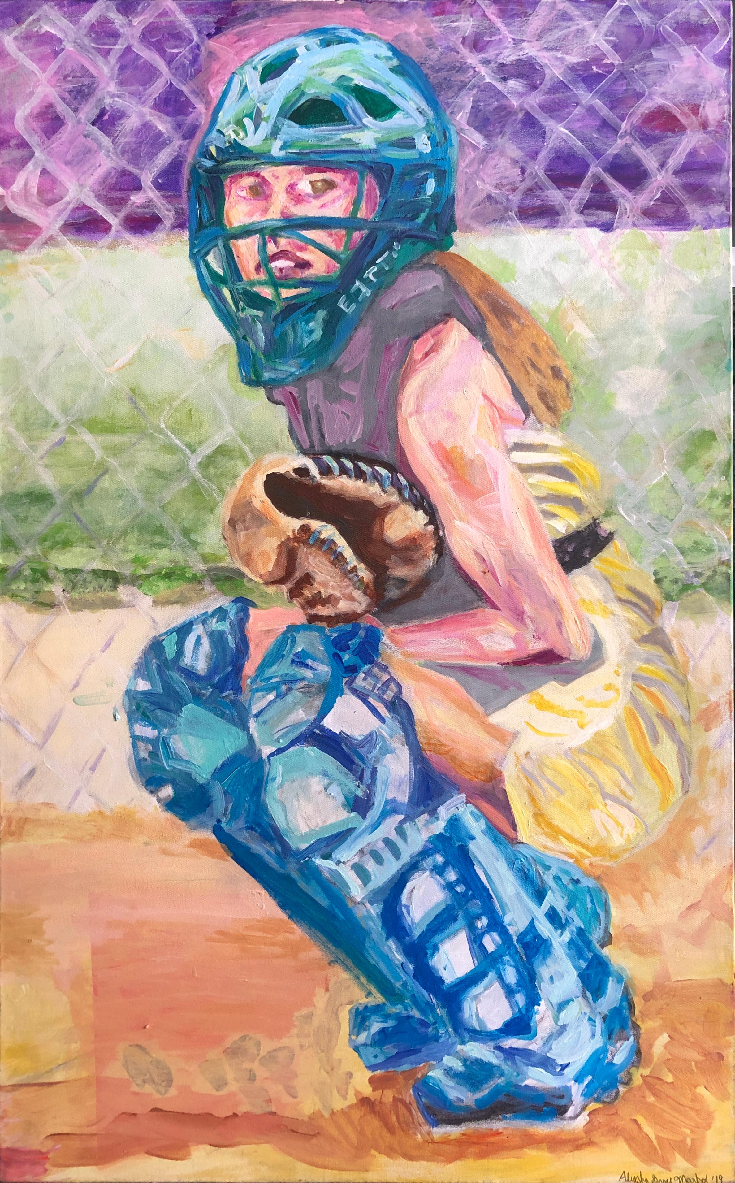 Figurative Painting de Alysha Grace Marko - Catcher. pintura al óleo figurativa colorido retrato mujer deportes jugador de softball