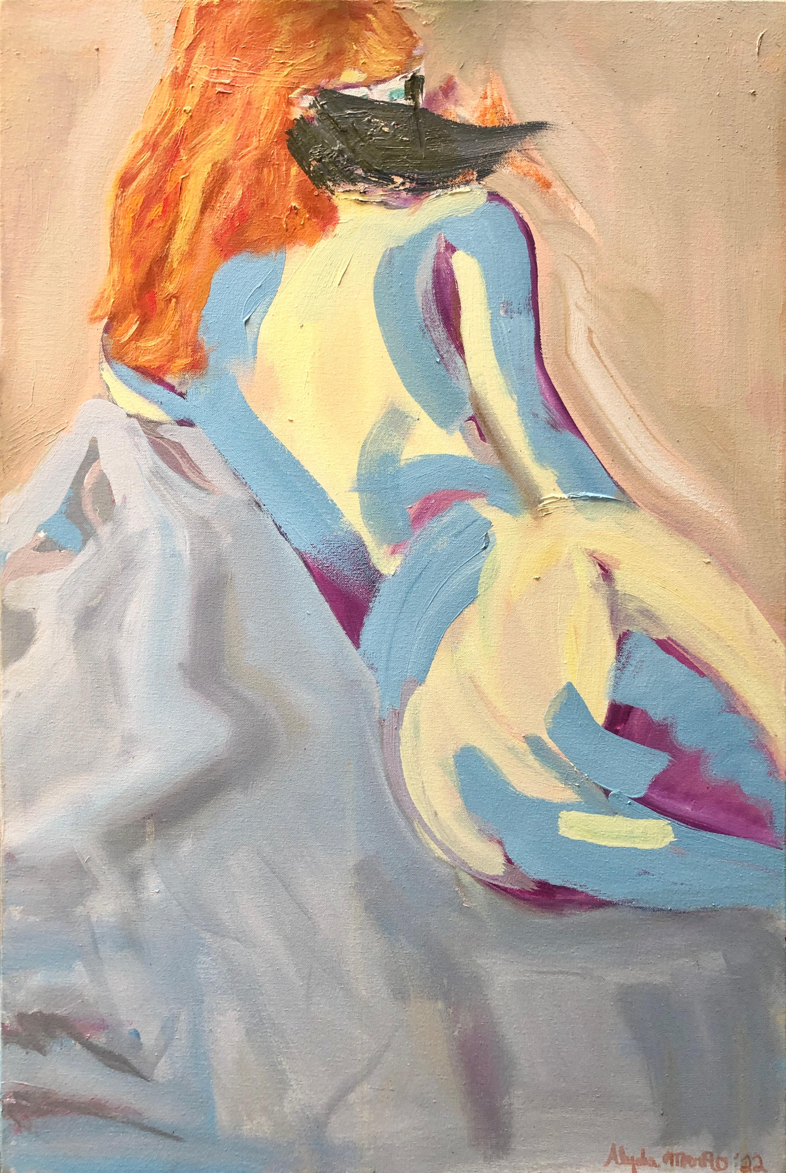 Don't Look Back. figurative oil painting of nude woman contemporary laying down