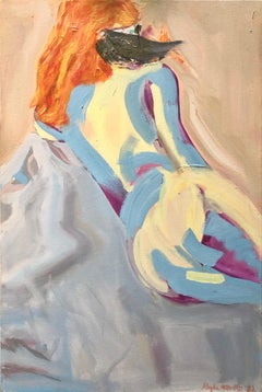 Non voltarti indietro. pittura ad olio figurativa di donna nuda contemporanea sdraiata