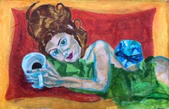 Queen on King,figurative colorful contemporary oil painting, coffee cup and bed 
