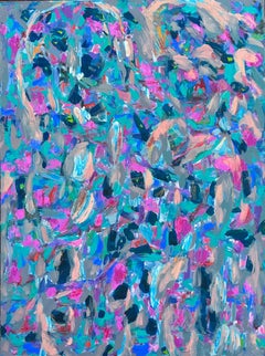The Garden. Belle peinture à l'huile contemporaine, palette de couleurs rose et bleu.