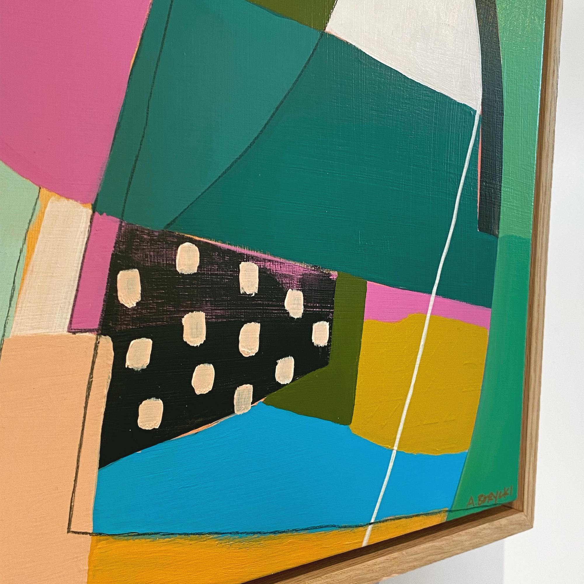 Catching Feels, turquoise, gold, blue bold geometric framed abstract on canvas - Beige Abstract Painting by Alyson Borycki