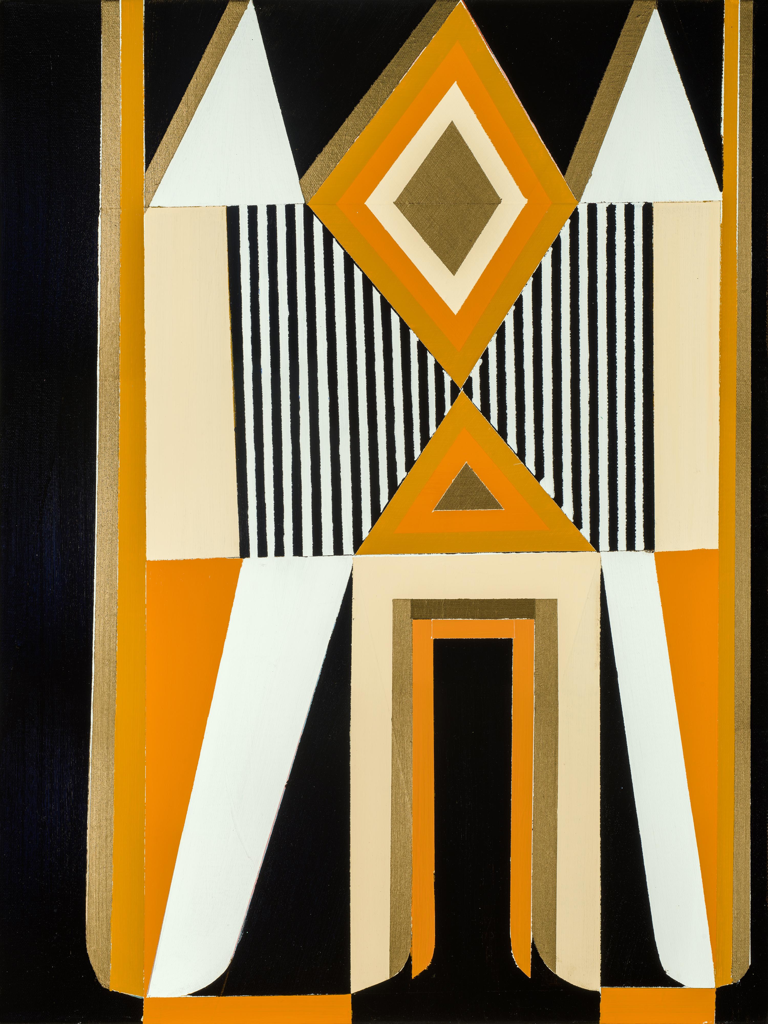 "The Entrance" Painting- Art Deco, orange, gold, black, white, mcm, tan, creme