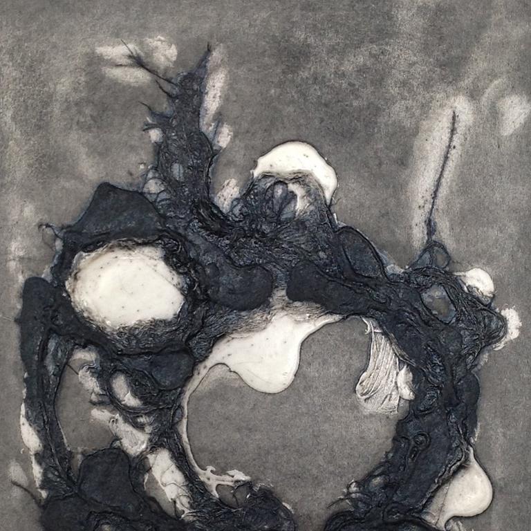 Tinta abstracta y fibras sobre papel en blanco y negro.

Crecí en Estados Unidos y me licencié en Literatura en Santa Bárbara (California), obtuve un máster en Literatura en Sidney (Australia) y cursé tres años de grabado en Londres, donde vivo